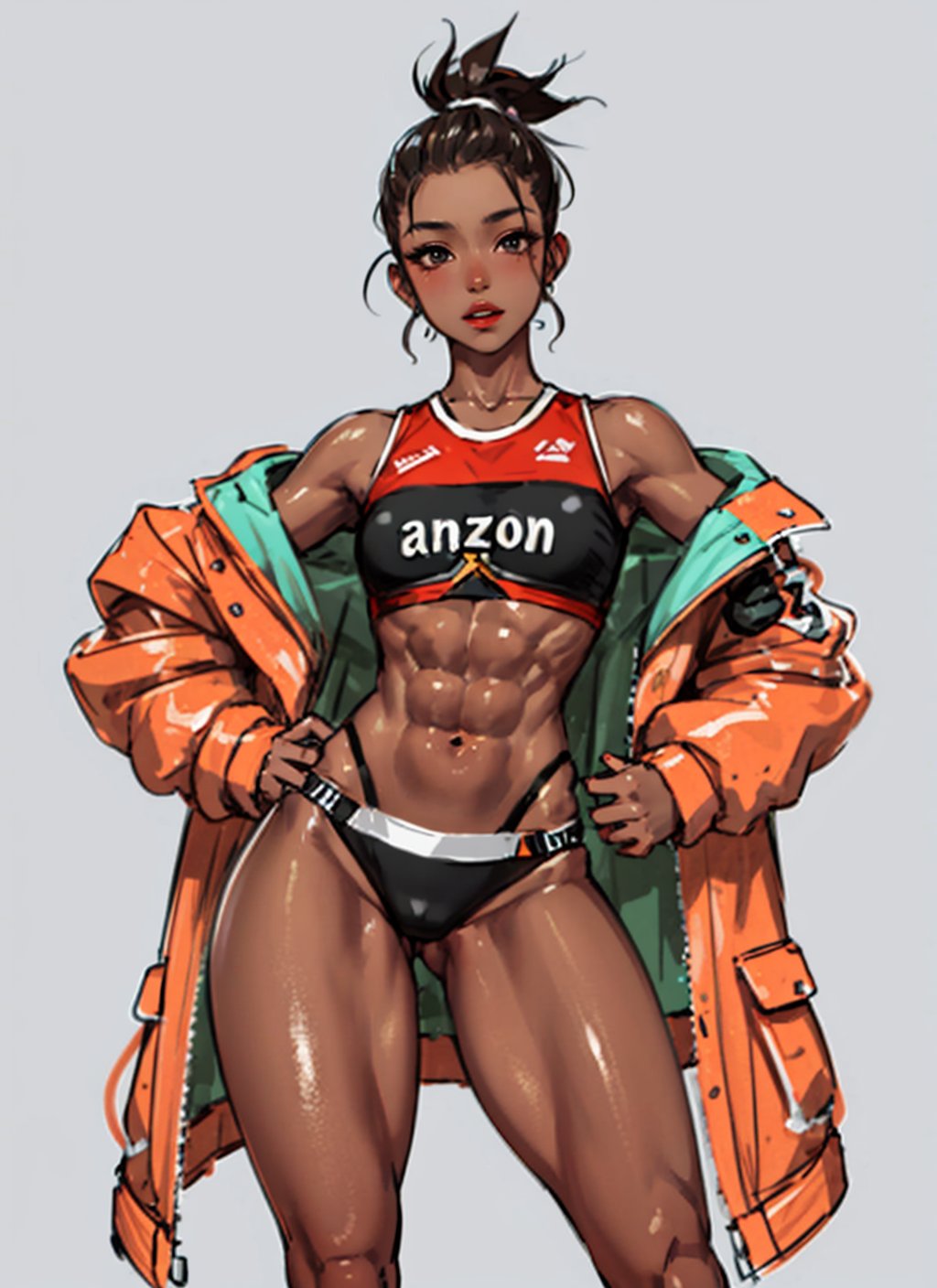 musuclar(shiny skin),sportswear,thighs,1girl, amazon, dark skin,abs,  (masterpiece, high quality),lips,nose,simple background <lora:shinyoiledskin_v1:1>