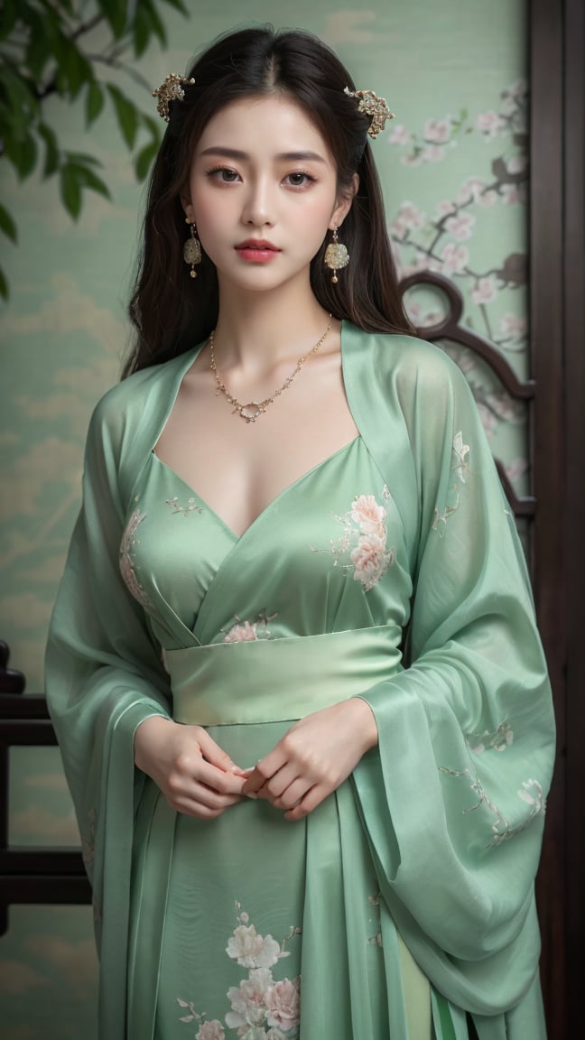 (photorealistic, best quality, ultra high res, extremely detailed eyes and face:1.3),(1girl, solo:1.3),skirt,jewelry,long_hair,necklace,earrings,perfect body,standing,large breasts,looking at viewer,chinese clothes,china dress,hanfu,