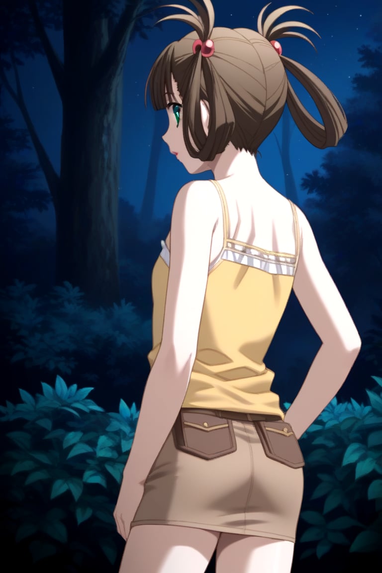 Highly detailed, High Quality, masterpiece, beautiful, 1girl, solo, (feminine focus, young woman, 16 years old), Hikari Kuroda, bangs, brown hair, hair ornament, twintails, green eyes, hair bobbles, hair rings, skirt, camisole, pencil skirt, forest, night, outdoors, looking_back, standing, from_behind, upper_body, ((yellow panties))<lora:EMS-433325-EMS:1.000000>