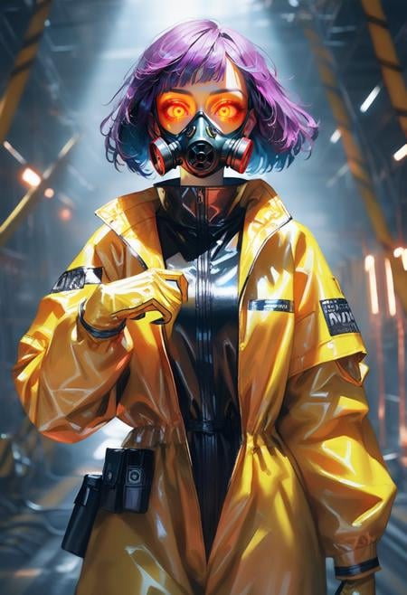 1girl, solo, hazmat suit, ppe, toxic waste, brain glow, gas mask , quasarcake, protective visor, purple hair, Colored eyelashes, latex gloves, glowing eyes, bob haircut(high quality, detailed, beautiful), shiny, detailed beautiful eyes, sunlight, realistic, outstanding, countershading, detailed soft lighting, cinematic vintage photography,, wide angle shot