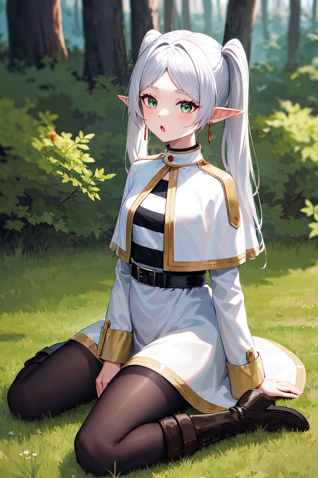 masterpiece, best quality, highres, aafrie, long hair, white hair, twintails, pointy ears, earrings, thick eyebrows, white capelet, striped shirt, long sleeves, belt, white skirt, black pantyhose , <lora:frieren_v1:0.7>, wariza, :o, grass, boots,