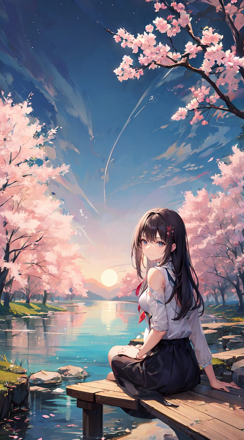 panorama,sitting by the pond,stream,clear lake water,moonlight,a charming smile,outdoors,exploring cherry blossom branches,amber eyes,