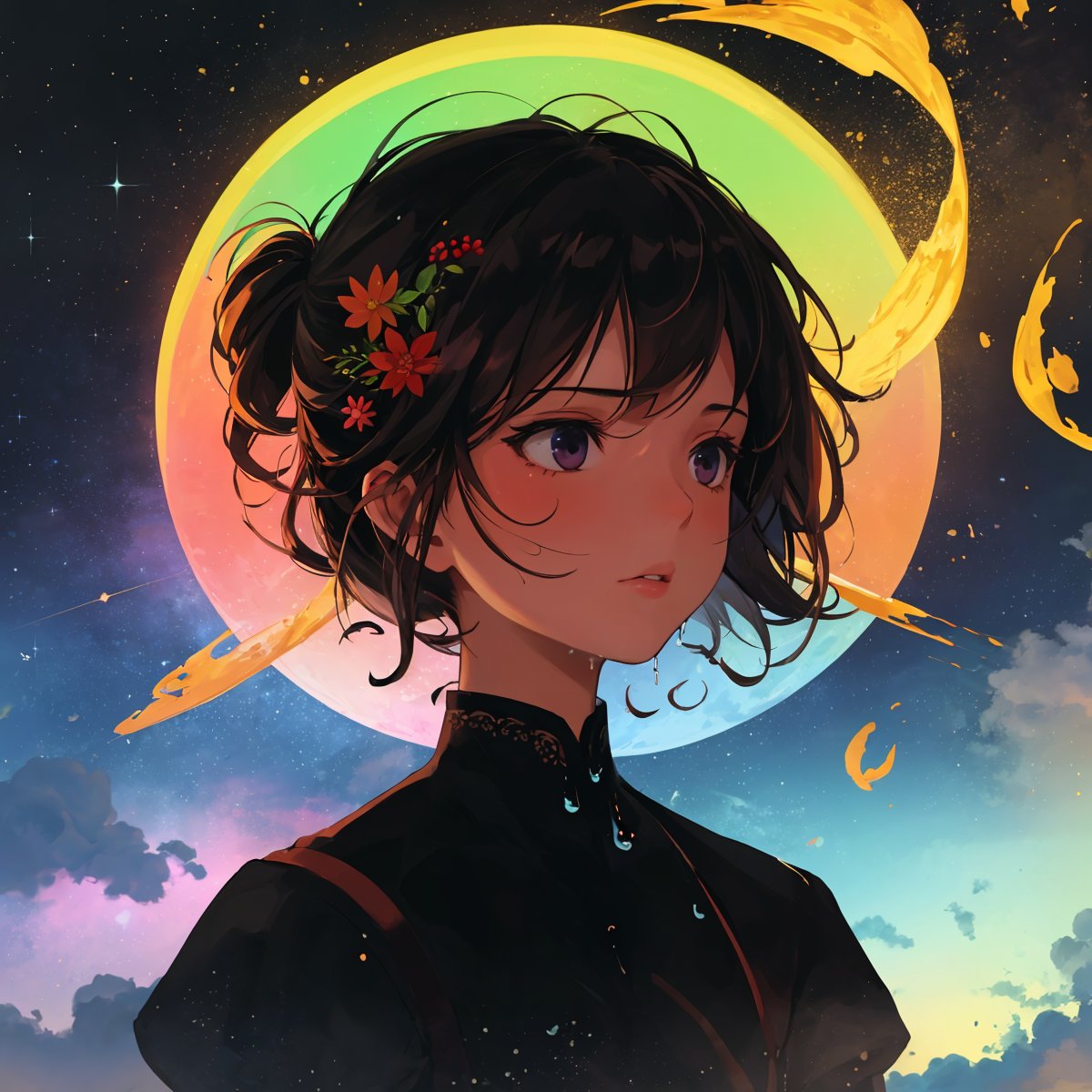 1girl, flowers, leaf, swirling mist, rainbow mist, dripping, traditional texture, (silhouette:1.3), rainbow:1.3, nebula, clouds, moon, meteor shower