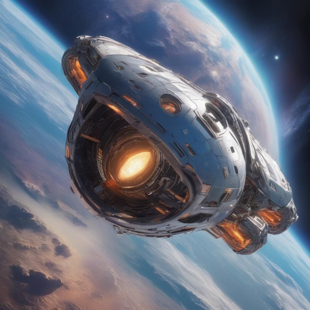 spaceship [fighter jet::0.2] orbit planet Earth space moon stars warpdrive hyperspace shield generators chrome impulse engines, shiny brand new futuristic sci-fi plasma thrusters sleek beautiful graceful engineering, colorful vivid saturated rich vibrant