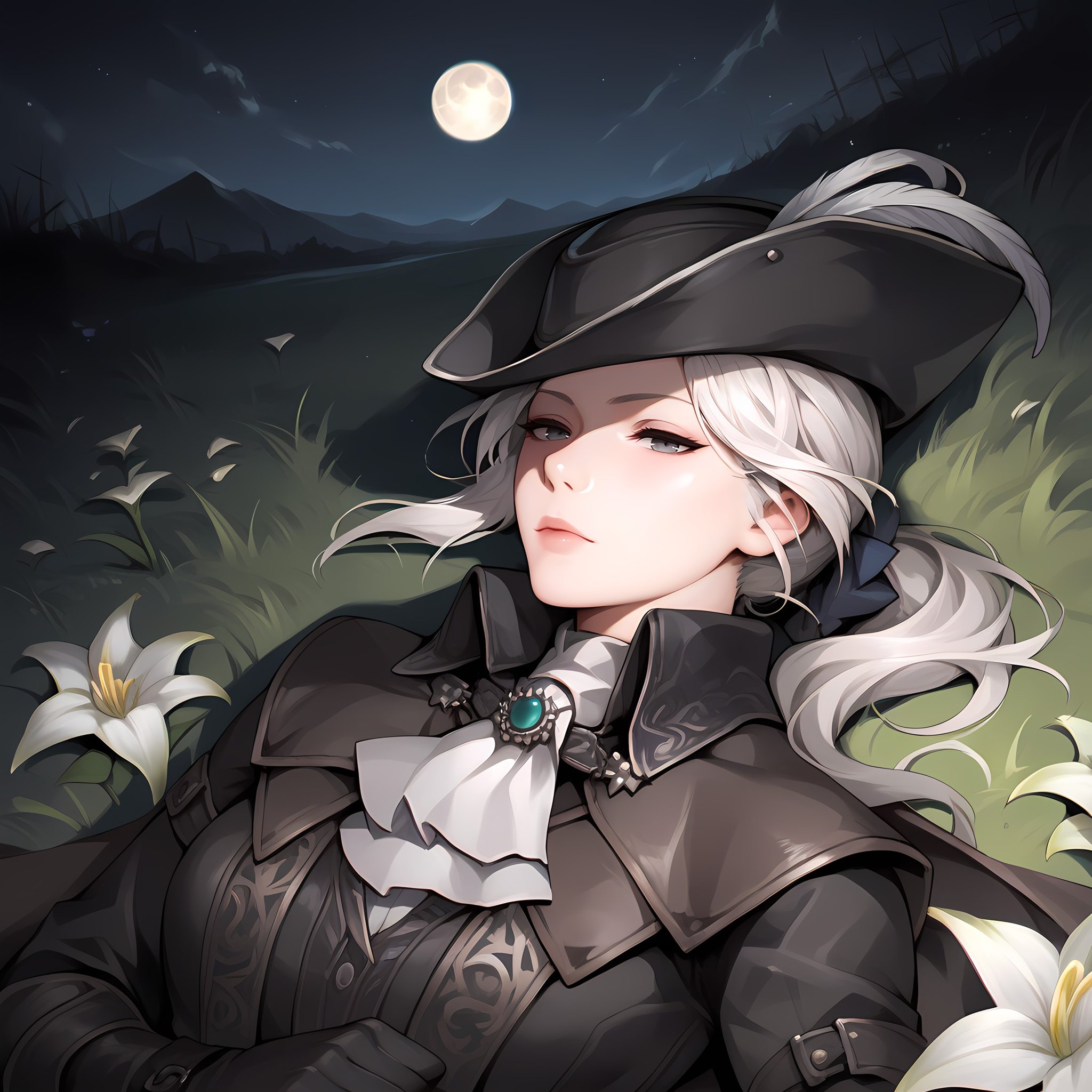 score_9,score_8_up,score_7_up,score_6_up,source_anime,rating_questionable,solo, 1girl,lying down, night, field of white lilies, moon, <lora:Lady_Maria_of_The_Astral_Clocktower_-_Bloodborne:0.8> lady maria, white hair, grey eyes, tricorne, gloves, hat feather, ascot, ponytail, cape, eyes half closed,, zPDXL2,