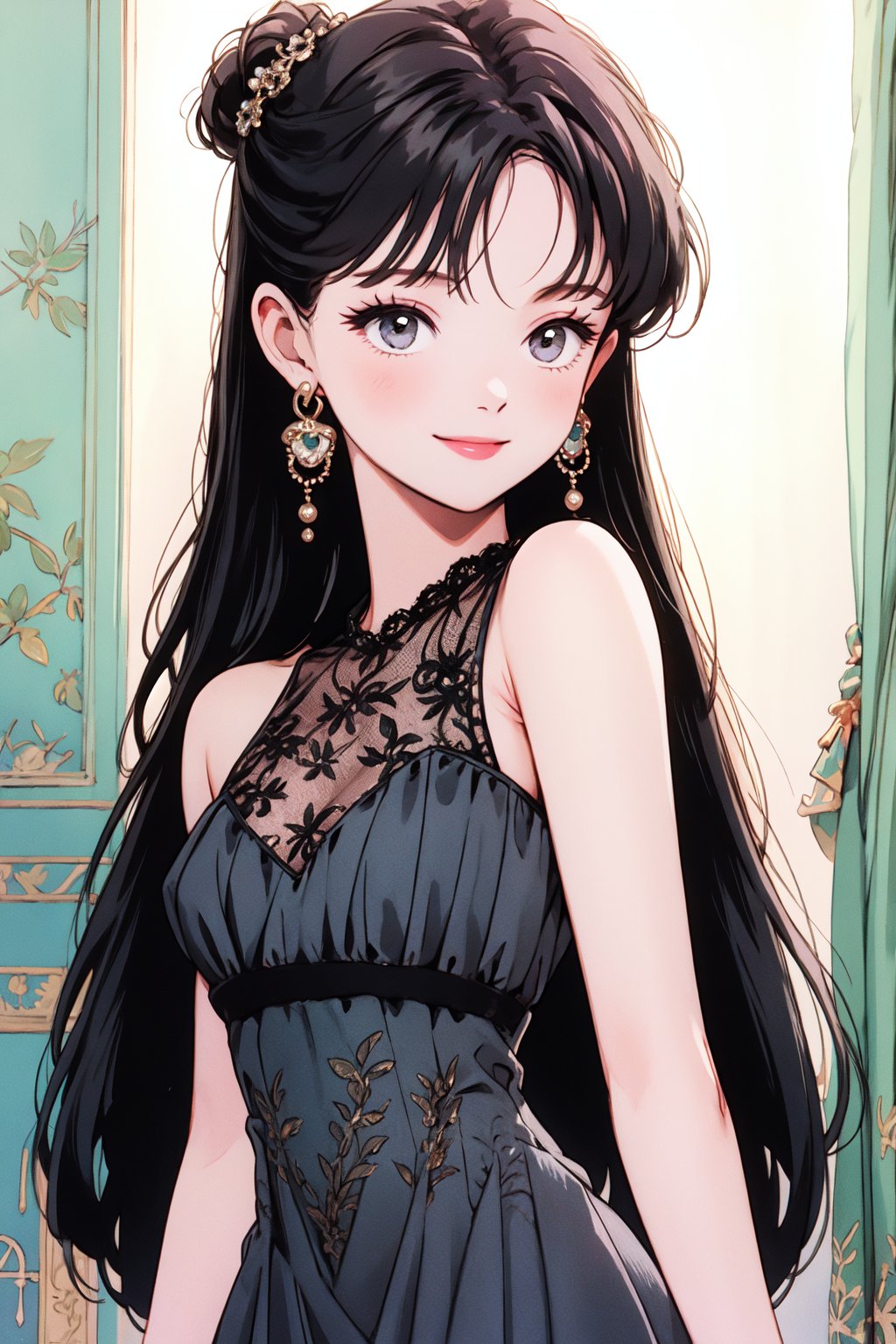 masterpiece,best quality,<lora:mmk_anime_kyo:1>1girl,  Embellished sheath dress with illusion neckline,smile,