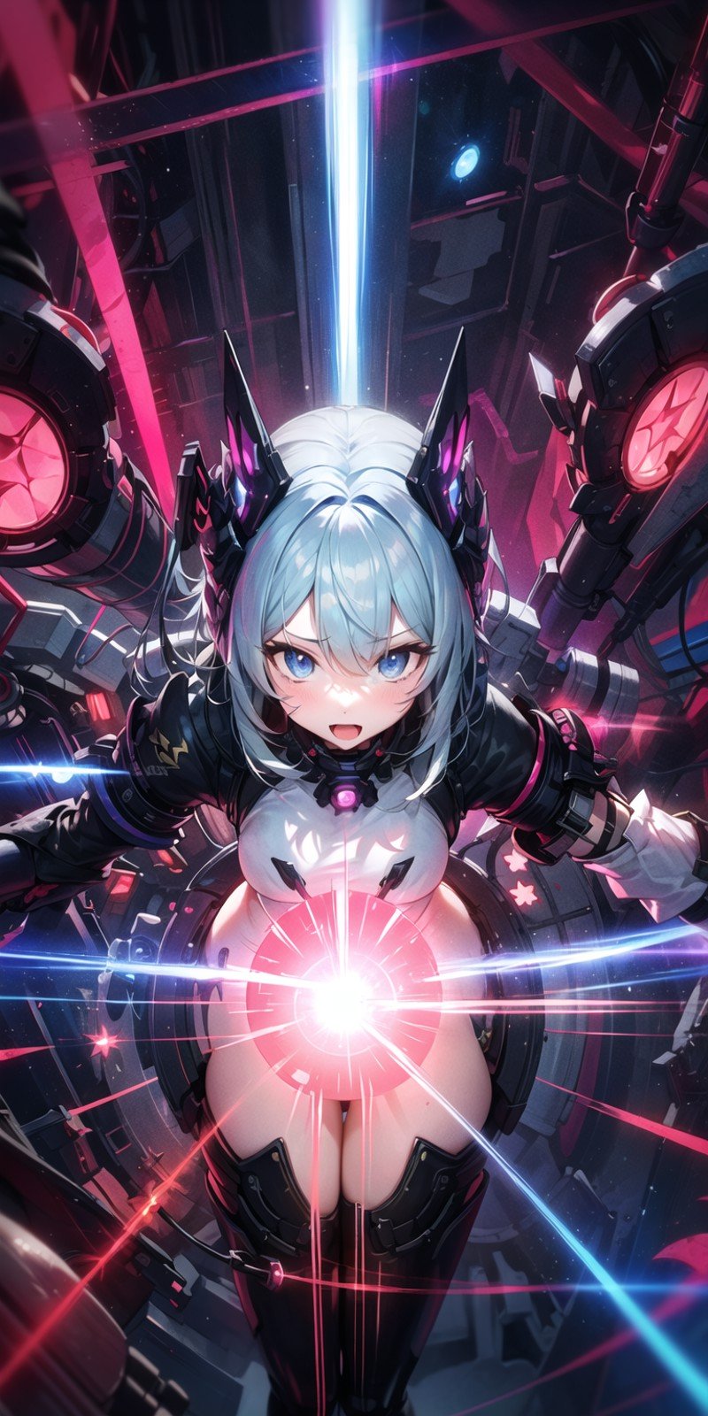 <lora:apstyle:0.9> apstylemasterpiece best quality 1girlpsychedelic vivid color contrast  flow energy cg unity illustration array beam effects laser fractalfrom above arm up