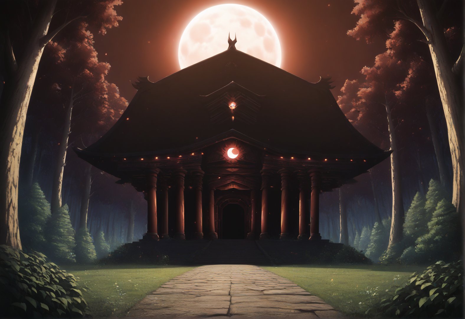 score_9, score_8_up, score_7_up, Otherworldly, Cinematic, Ominous mountain, blood red moon, forest, Japanese temple, symmetrical digital illustration, over detailed art, music album art, Creepy, no humans