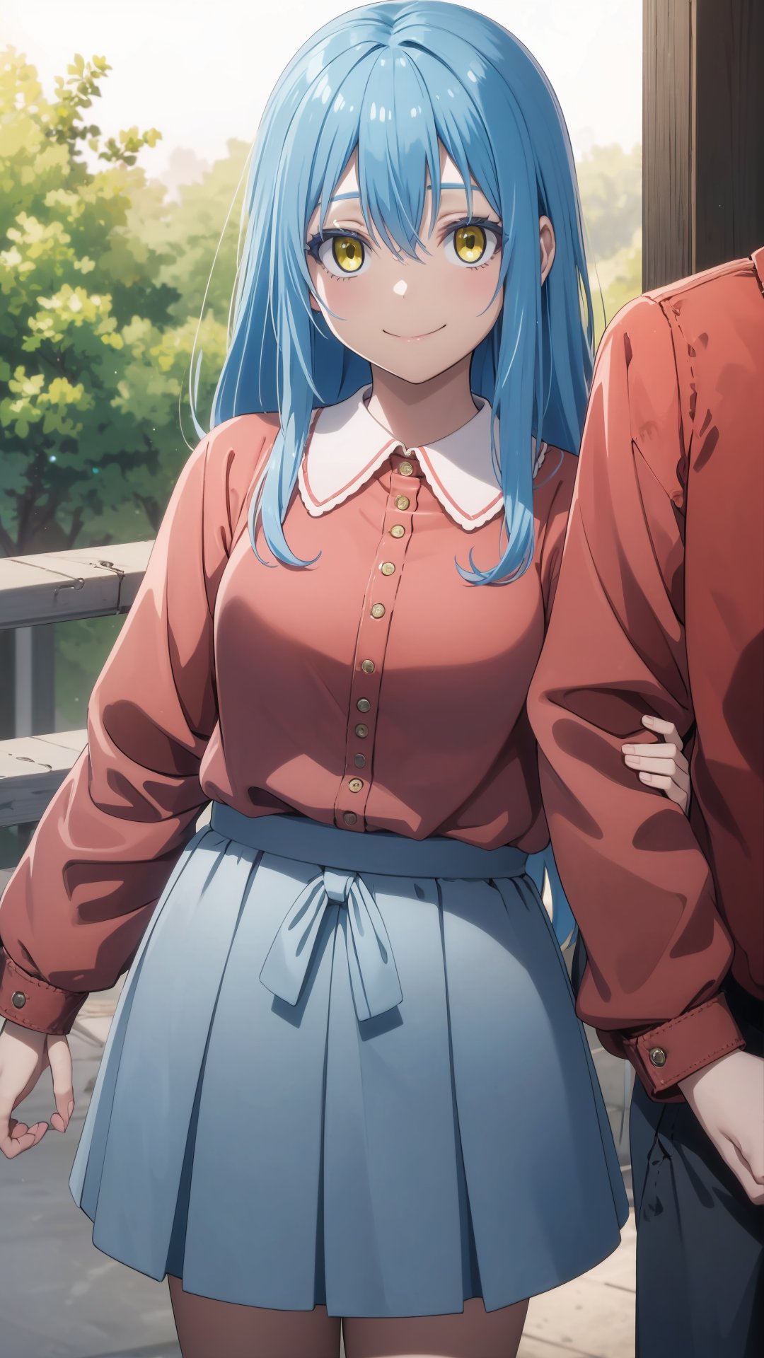 (masterpiece, best quality), ray tracing, absurdres, HDR,rimuru clothes, long hair, blue hair, yellow eyes, shirt, closed mouth, red shirt, 1girl, holding, rimuru tempest, skirt, bangs, pink shirt, smile, solo, hair between eyes, grey skirt, long sleeves, collared shirt, holding clothes,blush ,<lora:rimuru_clothes01:0.7>