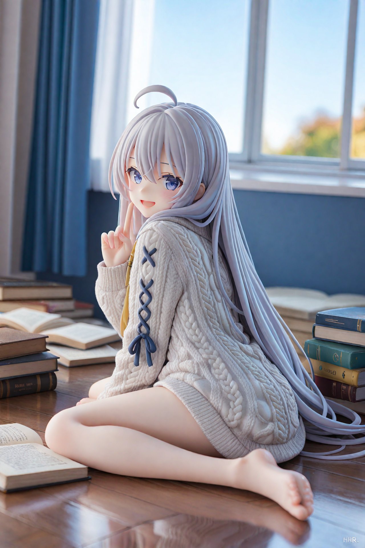 masterpiece,best quality,illustration,ultra detailed,hdr,Depth of field,(colorful),PVC Style,1girl,long hair,elaina (majo no tabitabi),solo,barefoot,ahoge,sweater,sitting,looking at viewer,smile,indoors,wariza,blue eyes,blurry,open mouth,book,grey hair,blurry background,bare legs,long sleeves,reflection,feet,hair between eyes,window,grey sweater,index finger raised,cable knit,aran sweater,:d,toes,legs,artist name,full body,very long hair,soles,