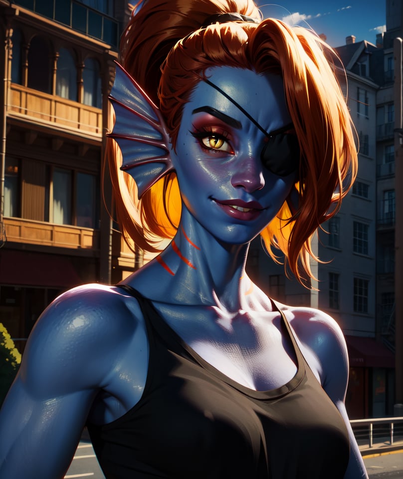 undyne,blue skin,ponytail,eyepatch,makeup,gills,yellow eyes,ed hair, slit pupils, black shirt,collarbone,toned,smile,bare shoulders,standing,streets,park,(insanely detailed, beautiful detailed face, masterpiece, best quality)solo,<lora:Undyne:0.8>,