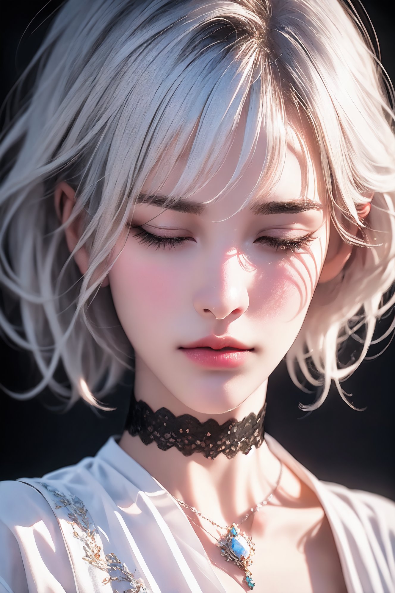 1girl,lips, realistic, solo,Silver white hair, white shirt, slightly rosy face,Beautiful and delicate eyes,eye,solo,upper body,looking at viewer, masterpiece,1girl,solo,short_hair,bangs,shirt,closed_eyes,white_hair,parted_lips,choker,lips,black_shirt,eyelashes,black_choker,portrait,facing_viewer,realistic,nosephoto,intricate,highly detailed,majestic,digital photography,broken glass,(masterpiece, finely detailed beautiful eyes:1.2),realistic,high definition. Dreamlike,mysterious,provocative,symbolic,intricate,detailed