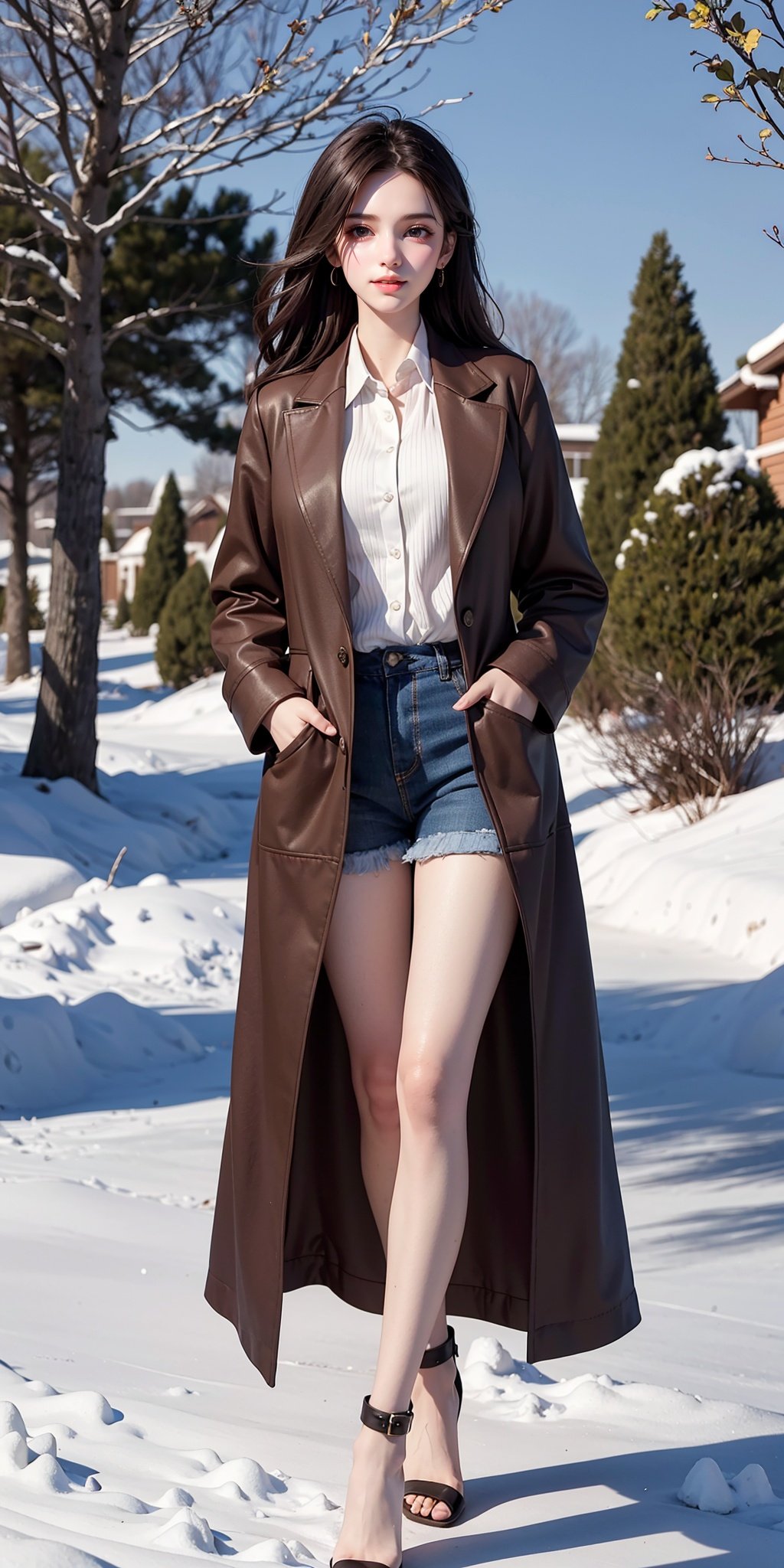 1girl,solo,long hair,smile,jewelry,brown hair,earrings,snow,coat,grin,looking at viewer,tree,hands in pockets,brown eyes,winter,outdoors,, (raw photo:1.2),((photorealistic:1.4))best quality,masterpiece,illustration,an extremely delicate and beautiful,extremely detailed,CG,unity,8k wallpaper,Amazing,finely detail,masterpiece,best quality,official art,extremely detailed CG unity 8k wallpaper,absurdres,incredibly absurdres,huge filesize,ultra-detailed,highres,extremely detailed,beautiful detailed girl,cinematic lighting,1girl,pale skin,tall female,(perfect body shape),skinny body,Slender legs,, pale skin,tall man,long legs,thin leg,