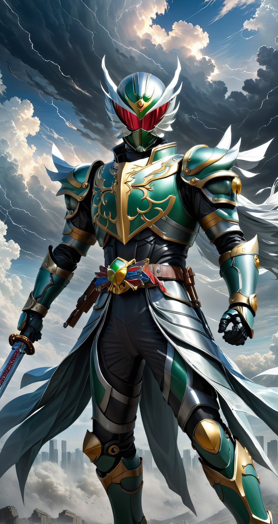 Kamen rider style, Kamen Knight in the High Wind, wearing high wind armor and holding the sword of the storm, shuttles between cities and guards the peaceful sky. Brave and fearless, challenge the forces of evil, and write heroic legends with faith and courage.