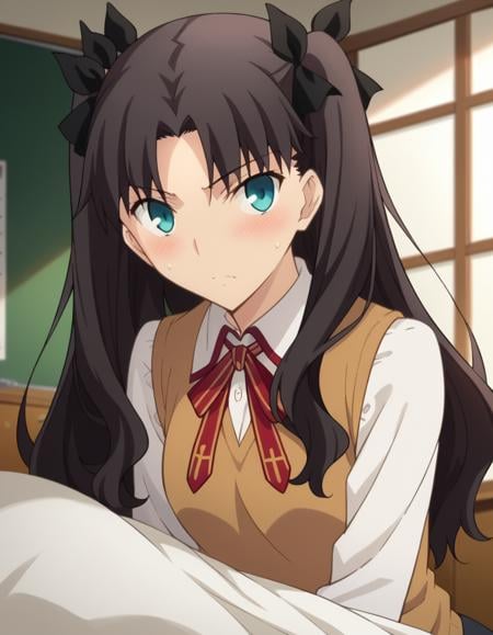 score_9, score_8_up, score_7_up, source_anime,rintohsaka, <lora:rin-tohsaka-ubw-ponyxl-lora-nochekaiser:1>,rin tohsaka, aqua eyes, black hair, hair ribbon, long hair, ribbon, sidelocks, two side up, parted bangs,brown sweater vest, collared shirt, homurahara academy school uniform, neck ribbon, red ribbon, ribbon, school uniform, shirt, sweater vest, white shirt,indoors, bed, bed room, on side, blush, drunk,looking at viewer, dutch angle, cowboy shot,