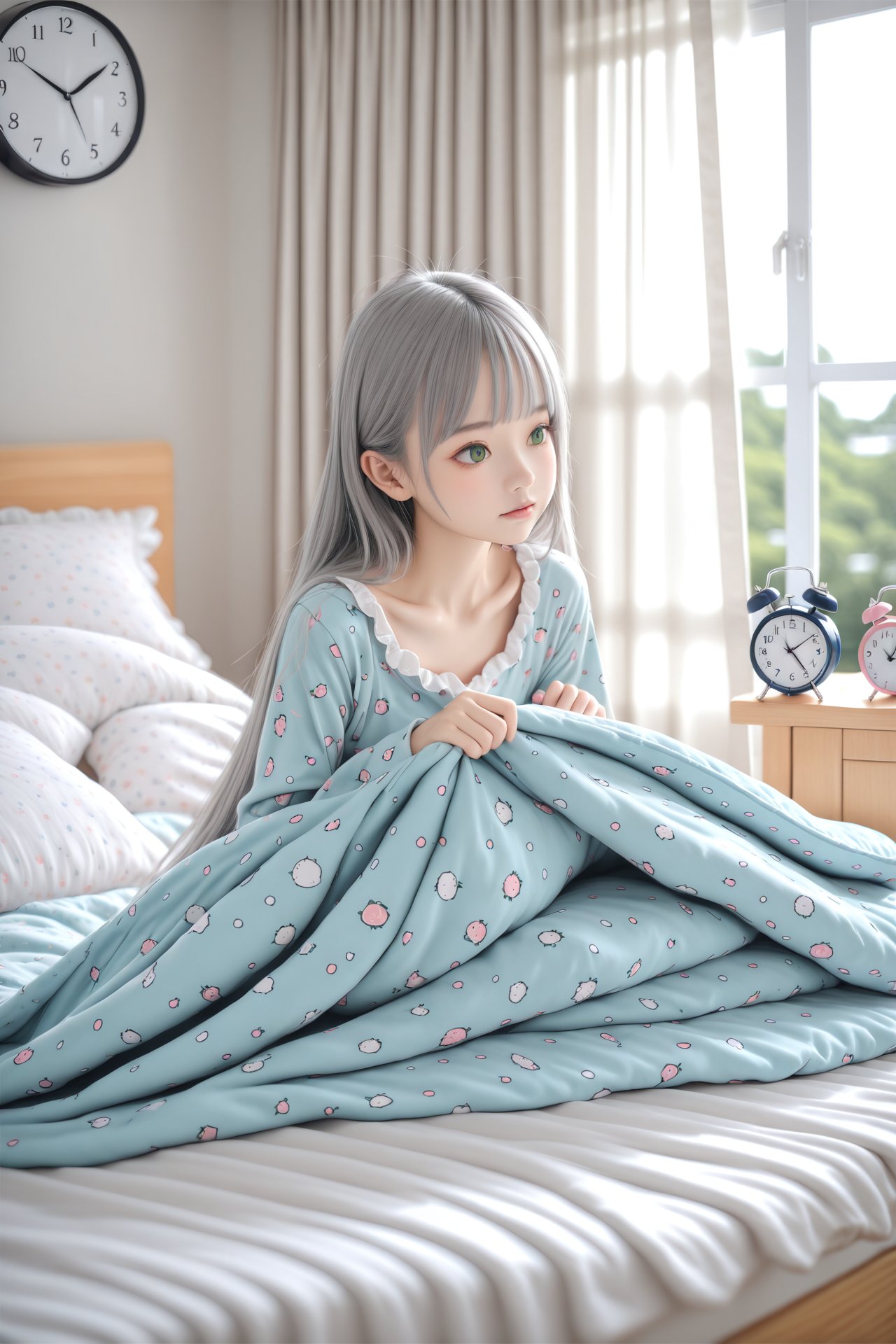 masterpiece,best quality,illustration,ultra detailed,hdr,Depth of field,(colorful),loli,1girl,clock,solo,alarm clock,under covers,green eyes,bed,long hair,pillow,indoors,sunlight,curtains,pajamas,grey hair,blanket,window,collarbone,bangs,