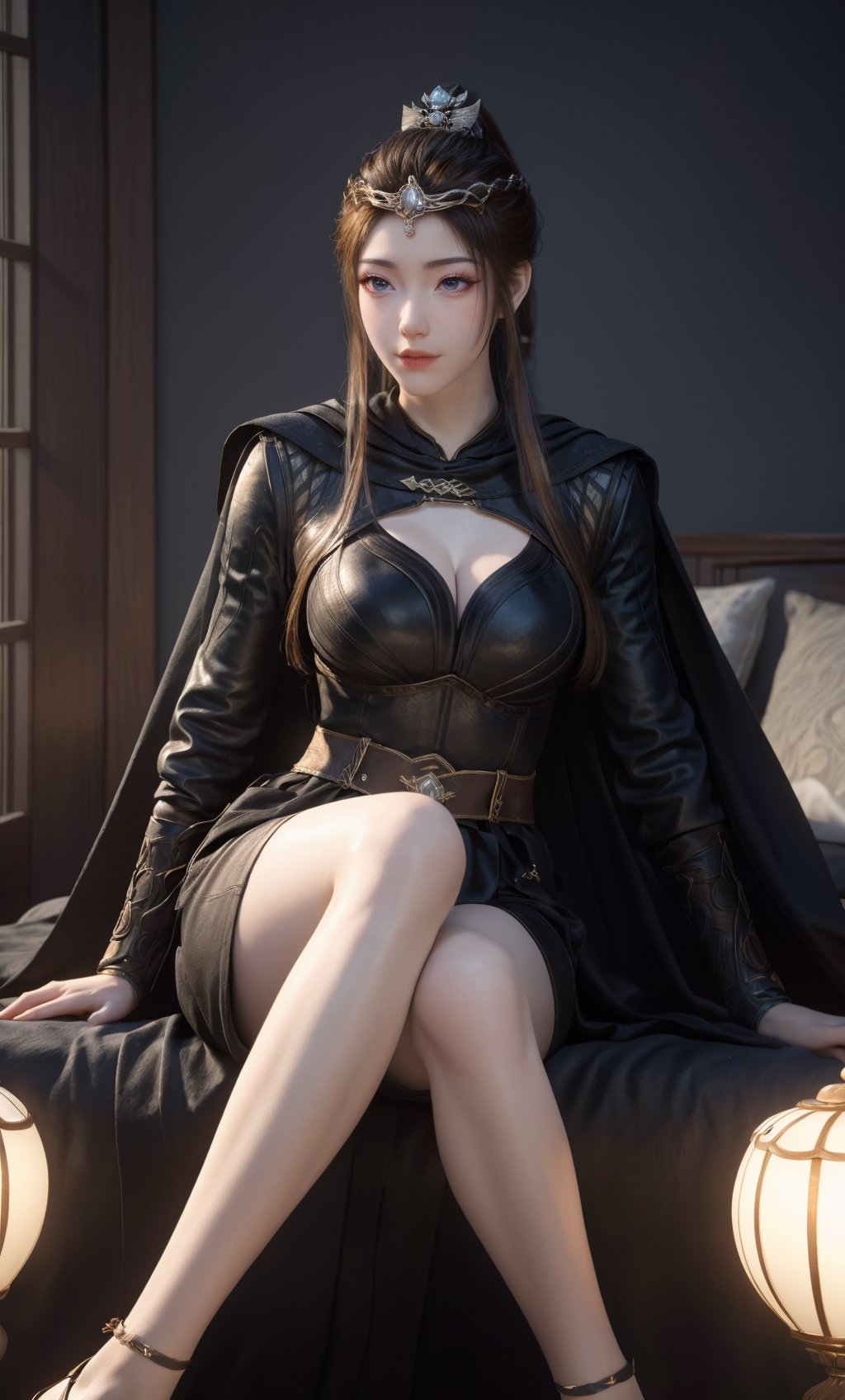 ,,masterpiece,(best quality),official art,extremely detailed cg 8k wallpaper,(extremely delicate and beautiful),solo,realistic,photo_\(medium\),crossed_legs,full body,ankle strap heels,(chinese clothes, black robe, solo, brown hair, cleavage cutout, black dress, breasts, cape,belt, clothing cutout,long sleeves,jewelry),1girl,solo,ponytail,tiara,crown,hair ornament,l,hair bun,hair ornament,hair stick,jewelry,long hair,<lora:yuanyao-10:0.65>,