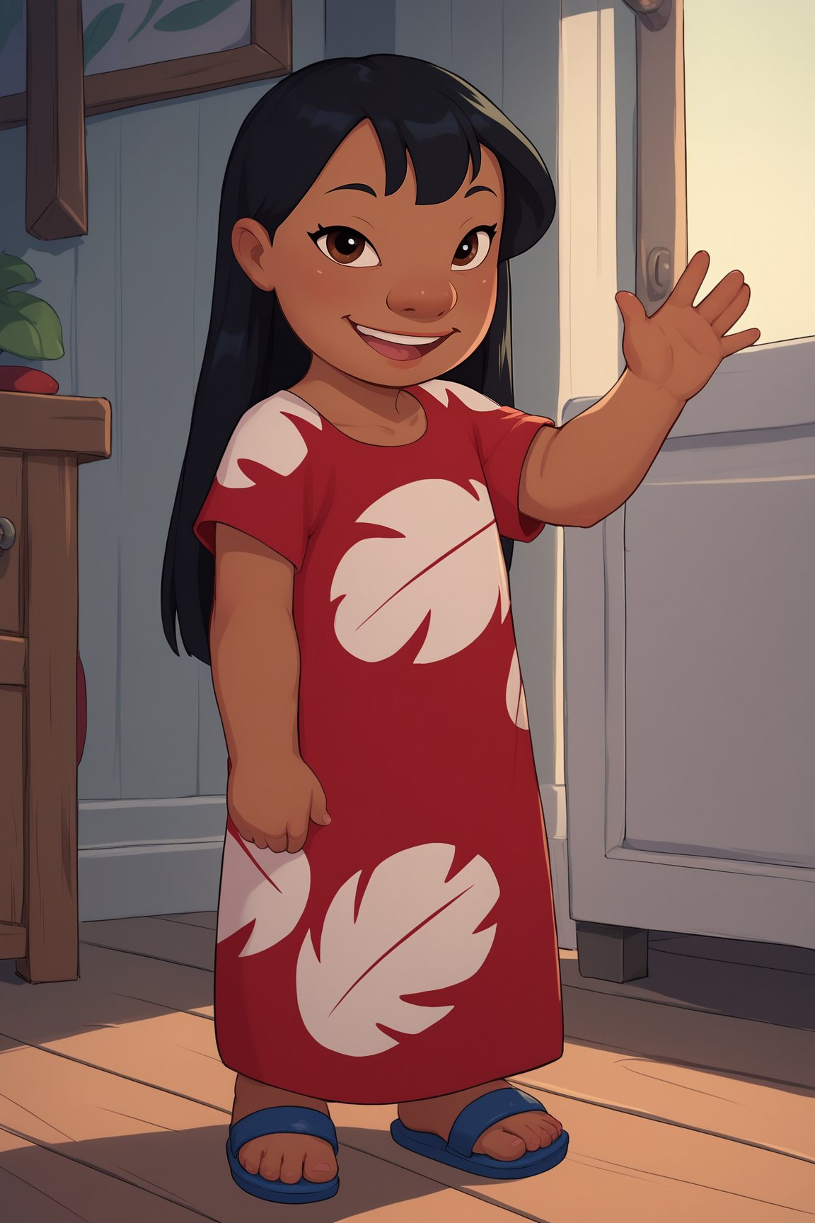 score_9, score_8_up, score_7_up, score_6_up, BREAK, LiloLSXL, child, dark skin, brown eyes, black hair, long hair, bangs, flat chest, red dress, short sleeves, blue sandals, solo, full body, standing, waving, seductive smile, looking at viewer, indoors <lora:LiloLSXL:0.8>