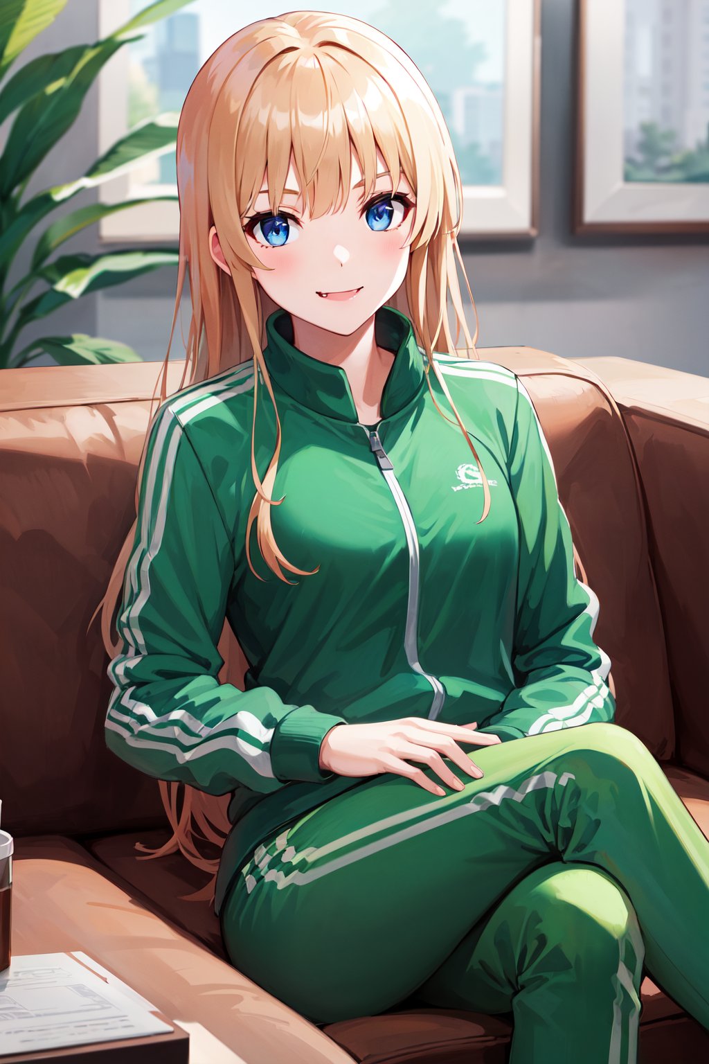 masterpiece, best quality, highres, aaeriri, long hair, fang, track jacket, green jacket, long sleeves, track pants, green pants, <lora:sawamura_spencer_eriri_v1:0.7>, crossed legs, smile, indoors, sofa