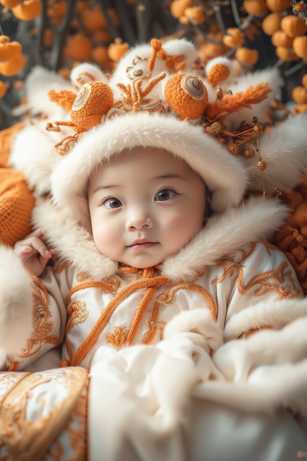 masterpiece,best quality,a baby wearing a white fur hat and a white fur coat with orange trims and a white fur collar,