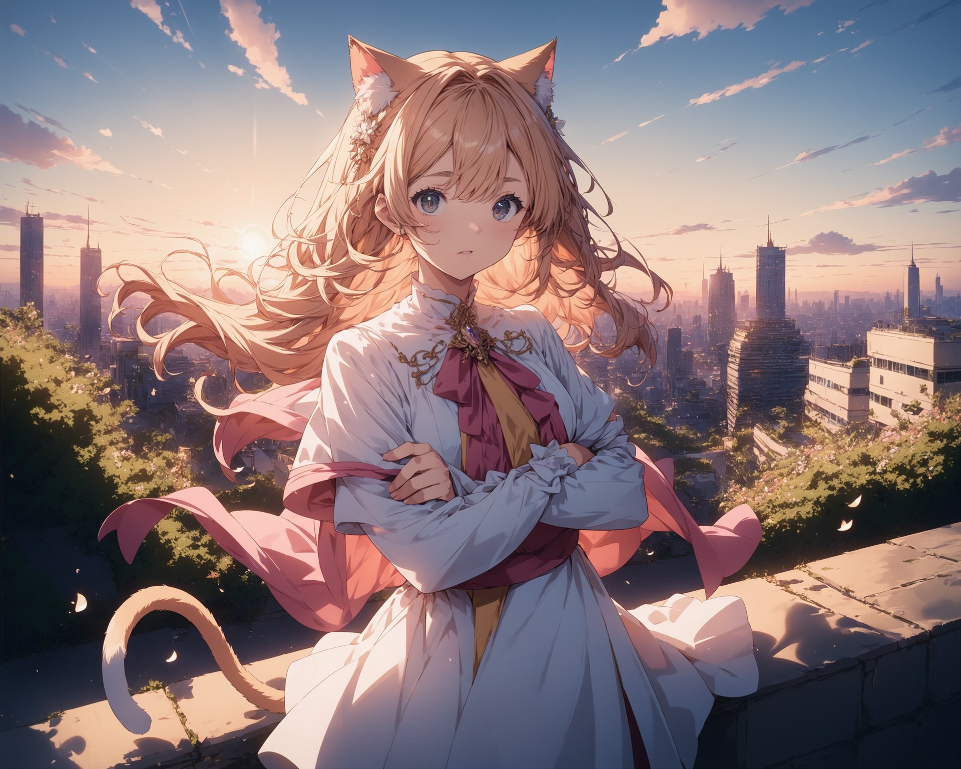 score_9,score_8_up,score_7_up,source_anime,masterpiece,best_quality,highres,absurdres,BREAK1girl,cat_ears,crossed_arms,sunset,outdoors,cityscape,