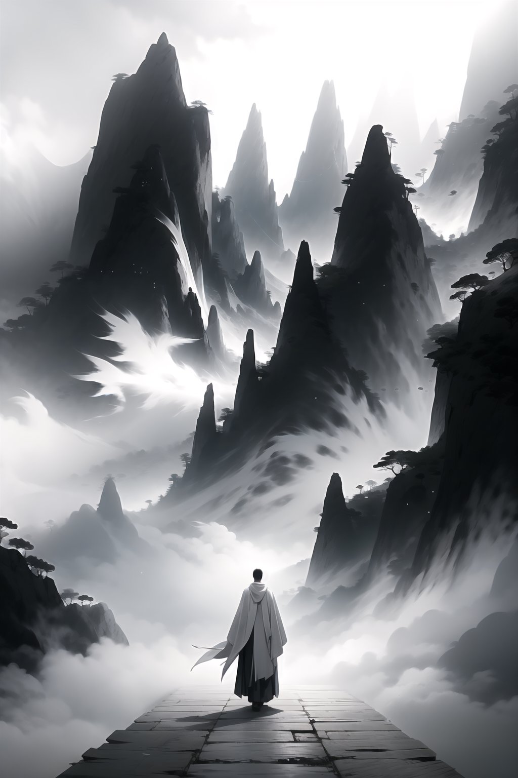 greyscale, monochrome, 1boy, giant, fog, standing, facing away, from behind, mountain, cloak, robe