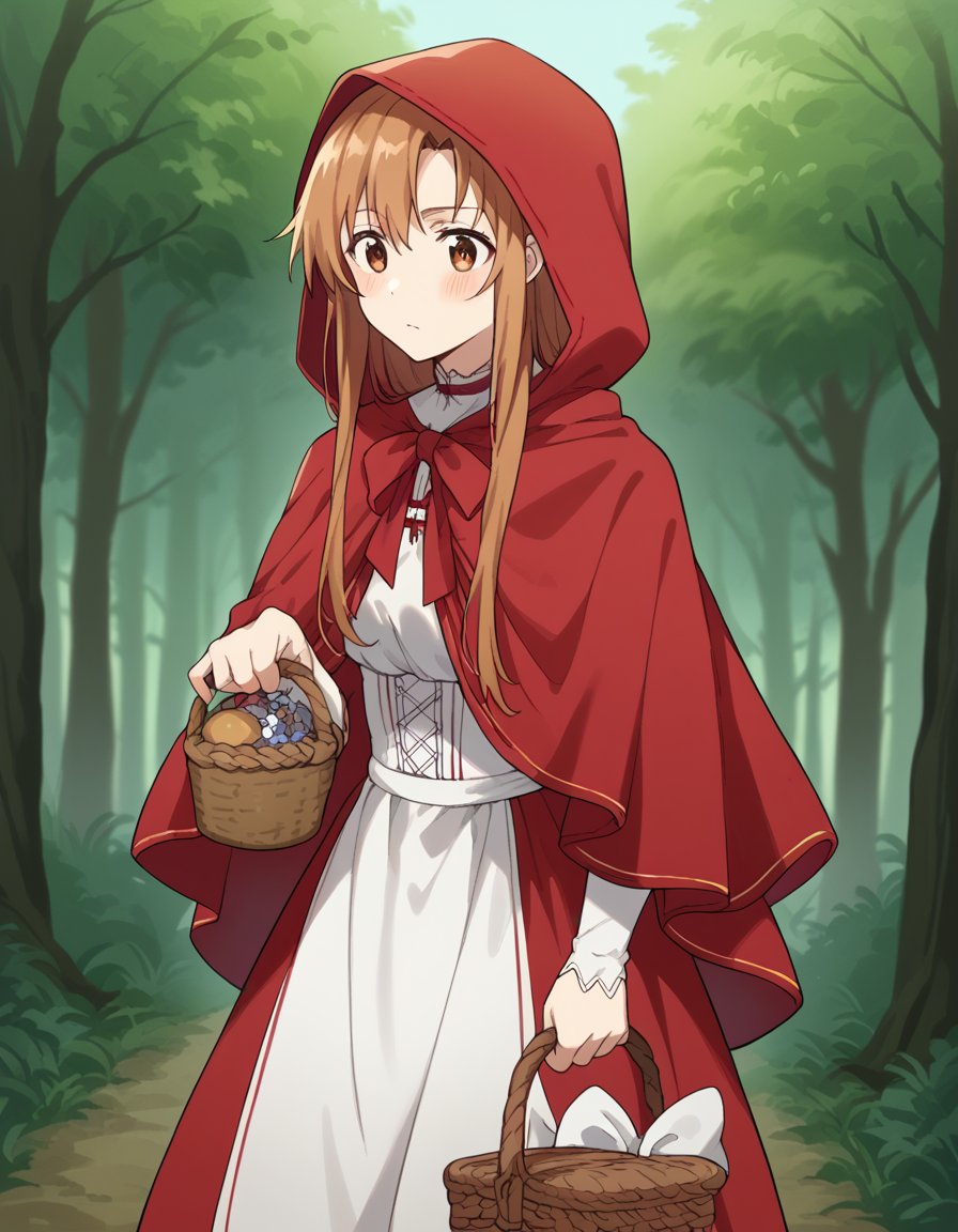 score_9, score_8_up, score_7_up, source_anime, asunayuuki, <lora:asuna-yuuki-s1-ponyxl-lora-nochekaiser:1>, asuna yuuki, long hair, brown hair, brown eyes,, <lora:little-red-riding-hood-cosplay-ponyxl-lora-nochekaiser:1>, littleredridinghoodcosplay little red riding hood \(grim\) \(cosplay\), red hood, basket, hooded capelet, red capelet, holding basket, red cloak, hood,, landscape, forest, blush,, cowboy shot, dutch angle, solo,