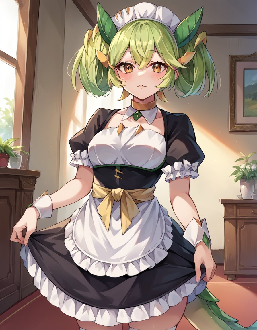 score_9, score_8_up, score_7_up, source_anime,parlordragonmaid, <lora:parlor-dragonmaid-ponyxl-lora-nochekaiser:1>,parlor dragonmaid, dragon girl, green hair, brown eyes, dragon tail,clothing cutout, dress, frilled dress, frills, maid, tail,indoors,looking at viewer, cowboy shot, dutch angle,