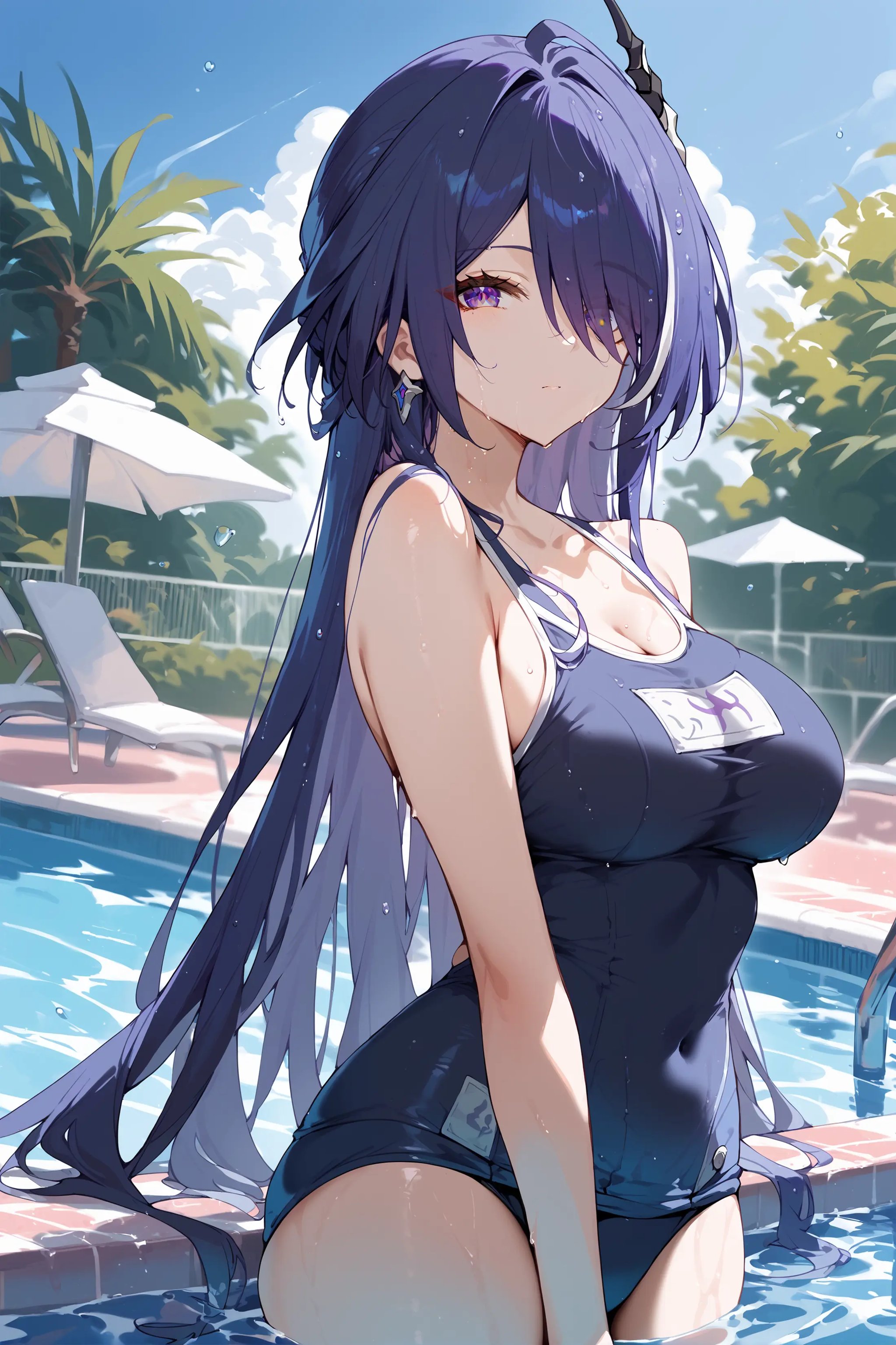 score_9, score_8_up, score_7_up, 1girl, acheron \(honkai: star rail\), school swimsuit, bare shoulders, poolside, pool, wet, cowboy shot, outdoors, looking at viewer,  blue sky, sunbeam, depth of field  <lora:Char-HonkaiSR-Acheron-Pony-V1:0.9>