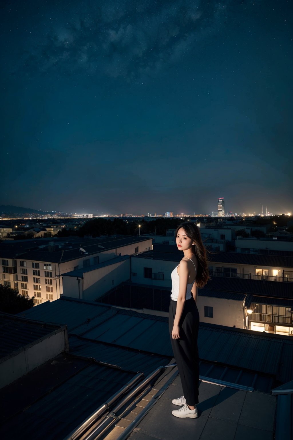 1 girl, standing on the roof, the background is the city night, very shocking, realistic texture, the whole body,