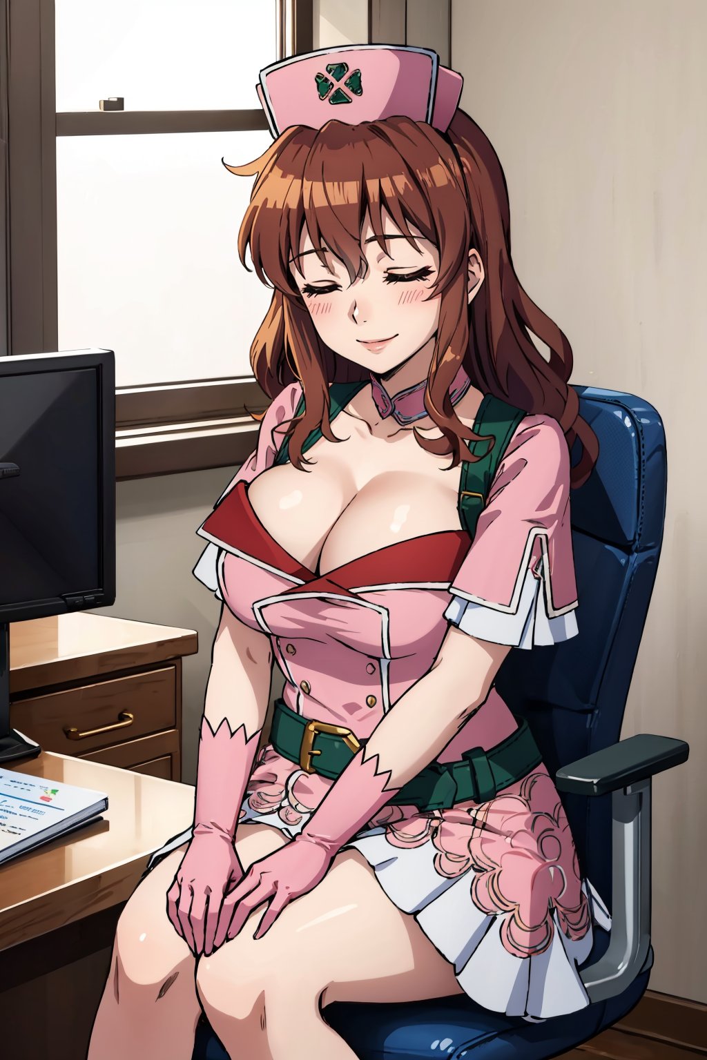 masterpiece, best quality, 1girl, <lora:mugenkurumi-nvwls-v1-000009:0.9> mugenkurumi, nurse cap, pink dress, short sleeves, cleavage, belt, pink skirt, pink gloves, large breasts, doctor's office, chair, sitting, closed eyes, happy, smile, looking at viewer