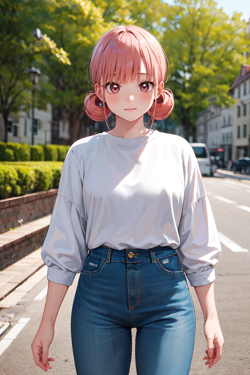 masterpiece, best quality, highres, 1girl, solo, short hair, double bun, pink hair, brown eyes, <lora:chono_hina_v1:0.7>, standing, cowboy shot, outdoors