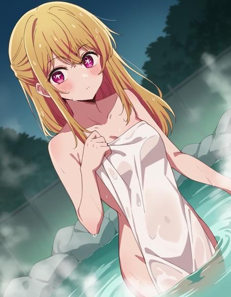 score_9, score_8_up, score_7_up, source_anime,rubyhoshino, <lora:ruby-hoshino-s1-ponyxl-lora-nochekaiser:1>,ruby hoshino, long hair, bangs, blonde hair, pink eyes, sidelocks, symbol-shaped pupils, multicolored hair, two-tone hair,nude, naked, outdoors, onsen, towel, naked towel, steam, bathing, nude cover, partially submerged, water, bath, steam censor, wet towel, blush,looking at viewer, cowboy shot, dutch angle, solo,