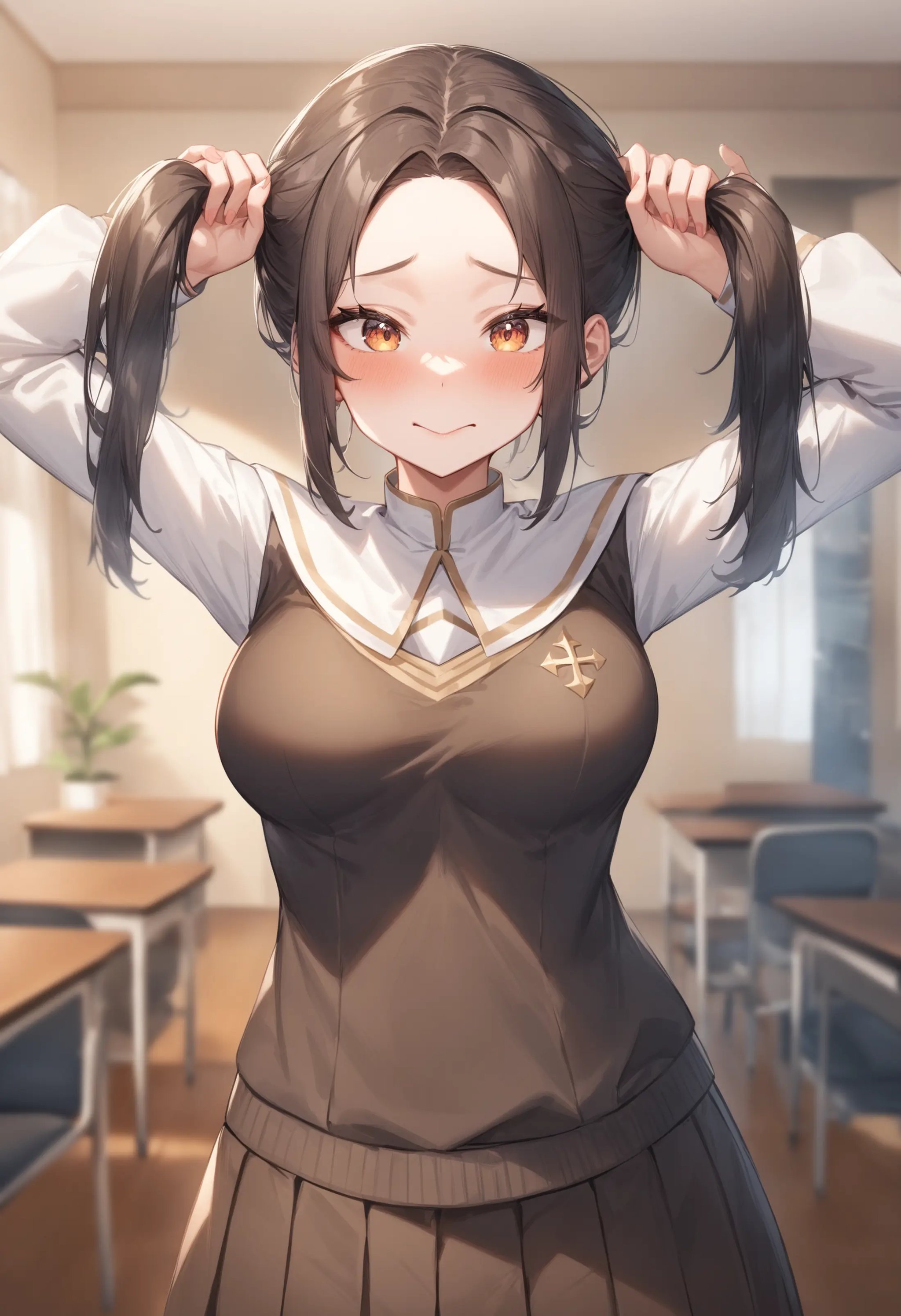 1girl, <lora:sdxl2-flat2-512b:-1>,medium breasts,school uniform,bunching hair,<lora:bunchinghair_XL_v1:0.8>from behind, fisheye lens, looking ahead, confused, novitiate, closed mouth,masterpiece, best quality, very aesthetic, absurdres