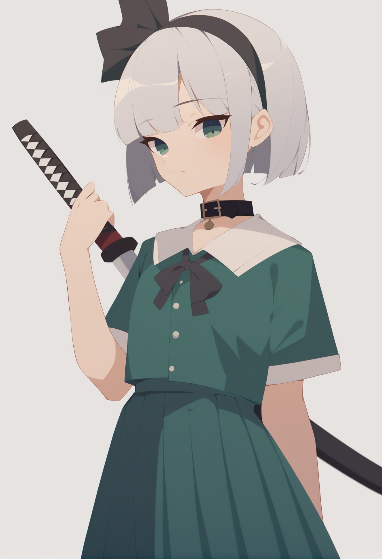 best quality, masterpiece, score_9, score_8_up, (minimalistic, flat colors:1.3),1girl, konpaku youmu, katana, silver hair, short cut, green dress, collar, bow, hairband, ribbon, pleated skirt,outdoors, simple background