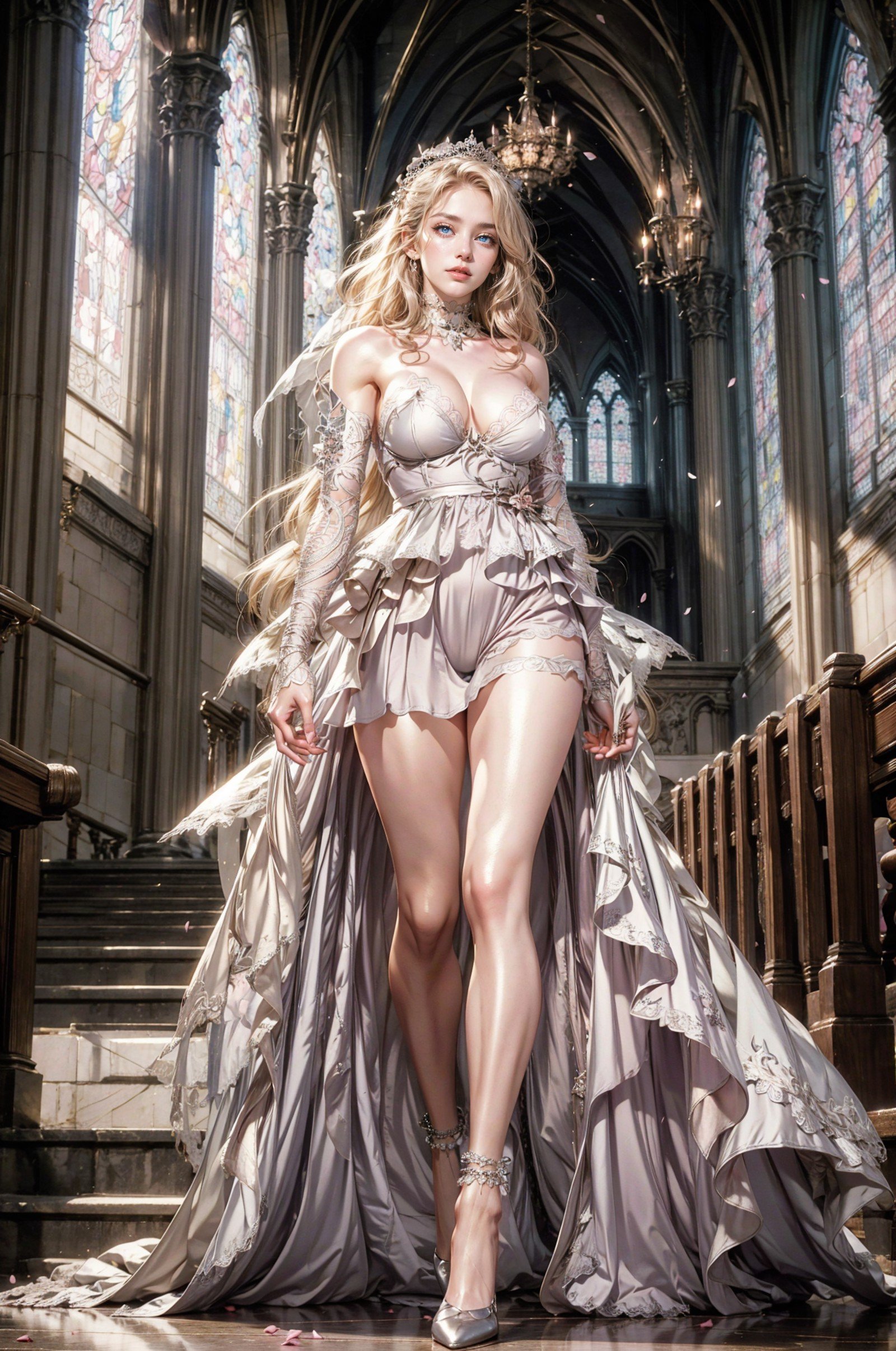 LAinnopromise, stunning woman wearing LAinnopromise dress, ((white dress, thigh lace band)), <lora:LAinnopromise:0.95>, (blonde hair),(hair blown by wind, flowing long hair:1.4), (blonde hair:1.2), hair blown by wind, (large breast), wedding veil, dynamic posing, walking, mid-step, wedding, walking down the aisle, in a church, (blush), BREAK, (masterpiece:1.2, best quality), (photorealistic:1.2, intricate details), looking at viewer, large stain glass windows, (shiny, jewels), falling petals,  <lora:add_detail:0.4> <lora:add_sharpness:0.4>