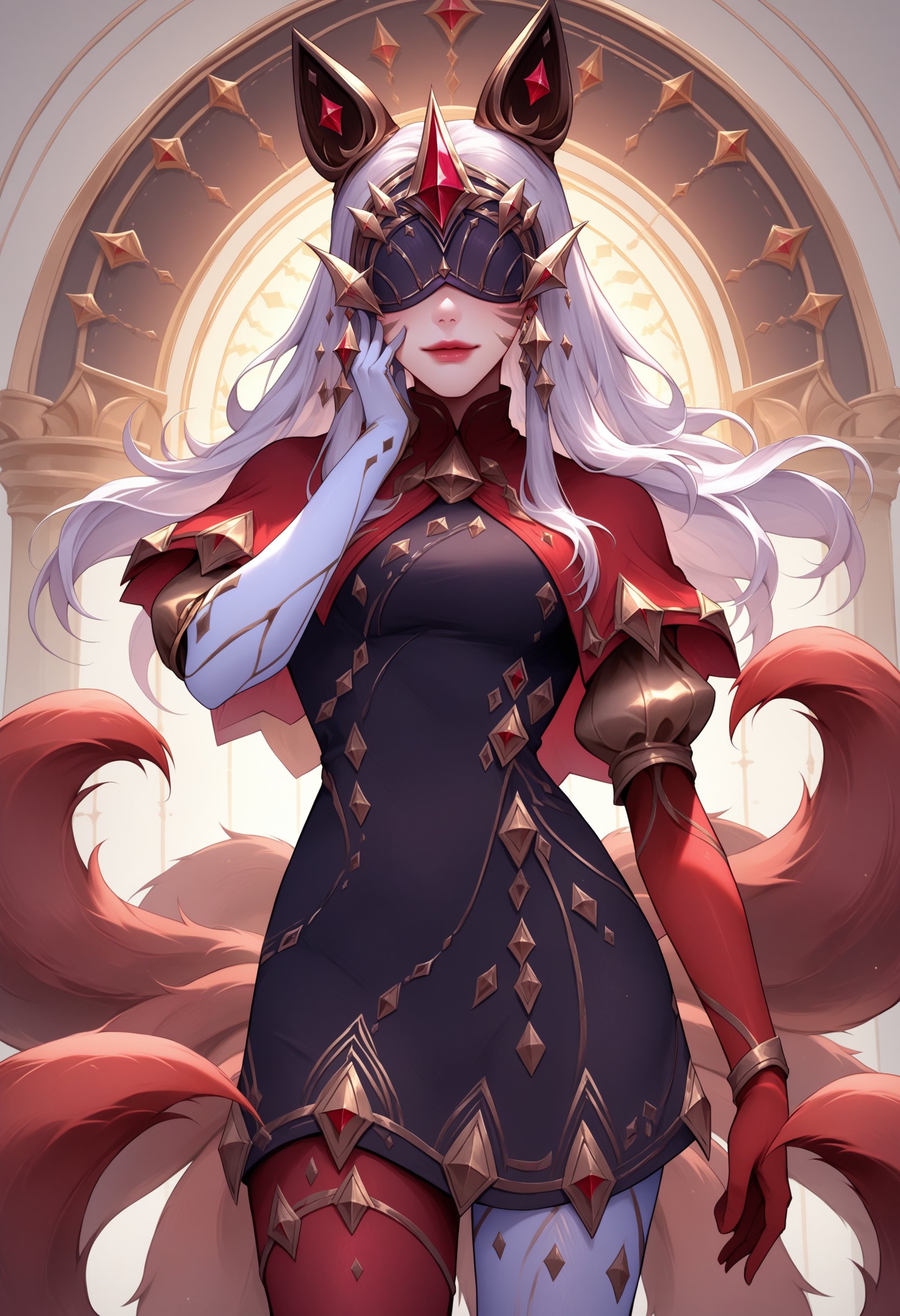 score_9, score_8_up, score_7_up, Ahriarcana, animal ears, facial mark, multiple tails, long hair, white hair, large breasts, eye mask, covered eyes, jewelry, earrings, black Dress, capelet, gold trim, puffy sleeves, elbow gloves, asymmetrical gloves, red gloves, white gloves, asymmetrical legwear, red legwear, white legwear, pantyhose, <lora:Ahri_Arcana_pdxl_Incrs_v1:1>, dynamic pose, indoors, seductive smile, hand on own face, cowboy shot, 