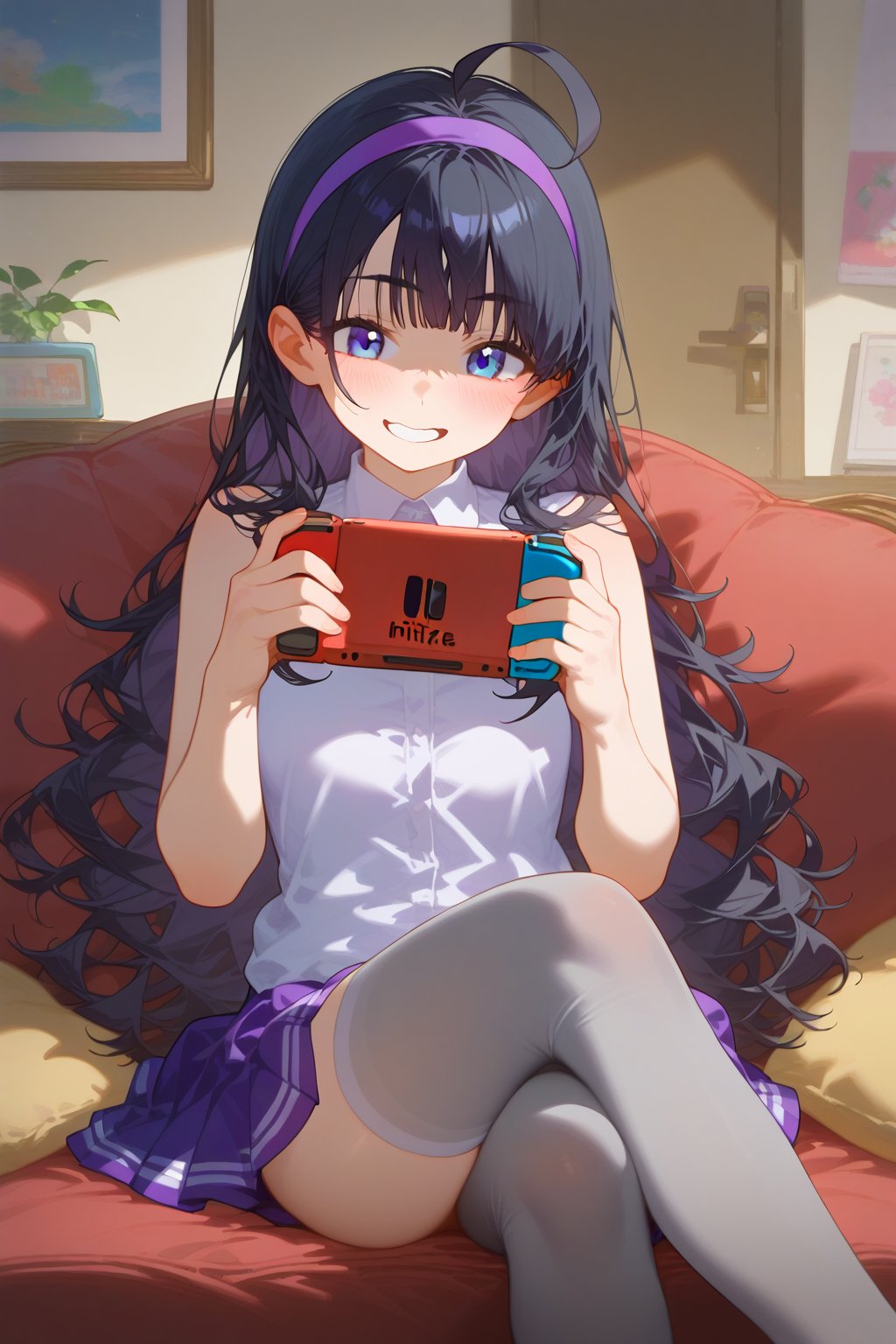 1girl,    score_9, score_8_up, score_7_up, from_anime, long hair, smile, blush, bubble skirt, ahoge, long eyebrows, shirt, wavy hair, sleeveless, blue eyes, straight hair, looking at viewer, holding handheld game console, looking down, skirt, wavy mouth, indoors, grin, sitting, manga cover, blunt bangs, sleeveless shirt, couch, :d, english text, feet out of frame, hairband, open mouth, mackintosh rose, handheld game console, purple hairband, air hockey, purple eyes, solo, white shirt, thighhighs, purple skirt, grey thighhighs, fur thighhighs, holding, red hair, knees up, white hairband, cover, hair over eyes, crossed legs, sidelocks, nintendo switch, cover page, pillow, purple shirt, black hair, flipped hair, fur shirt, pleated skirt