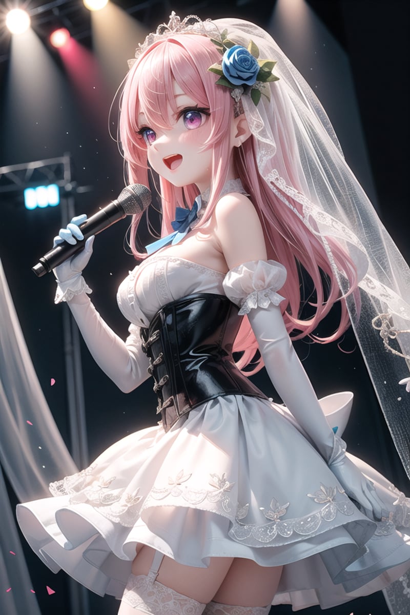 insanely detailed, absurdres, ultra-highres, ultra-detailed, best quality,1girl, solo, nice hands, perfect handsBREAK(nsfw:-1.5),(fusion of white mourning-dress and white wedding dress:1.2), (gothic dress:1.3), (light-blue and white theme:1.3), ((white mourning-veil, white see-through wedding-veil):1.5), ((white latex corset, light-blue breast-cup):1.4), (short puff-sleeve:1.3), ((white collar, tie-bow):1.3), ((ruffle-skirt, multilayer-skirt):1.4), ((stockings, garter belt):1.3), (see-through long gloves:1.3), (blue rose decoration on head:1.3), (high heels:1.1)BREAKhappy smile, laugh, open mouth, (standing, singing, dancing, holding microphone:1.4)BREAKfrom side,cute pose, cowboy shotBREAKslender, kawaii, perfect symmetrical face, ultra cute girl, ultra cute face, ultra detailed eyes, ultra detailed hair, ultra cute, ultra beautifulBREAKindoors, concert hall, idol live, crowded audienceBREAKmedium large breastsBREAKpink hair, pink eyes, chignon, hair between eyes