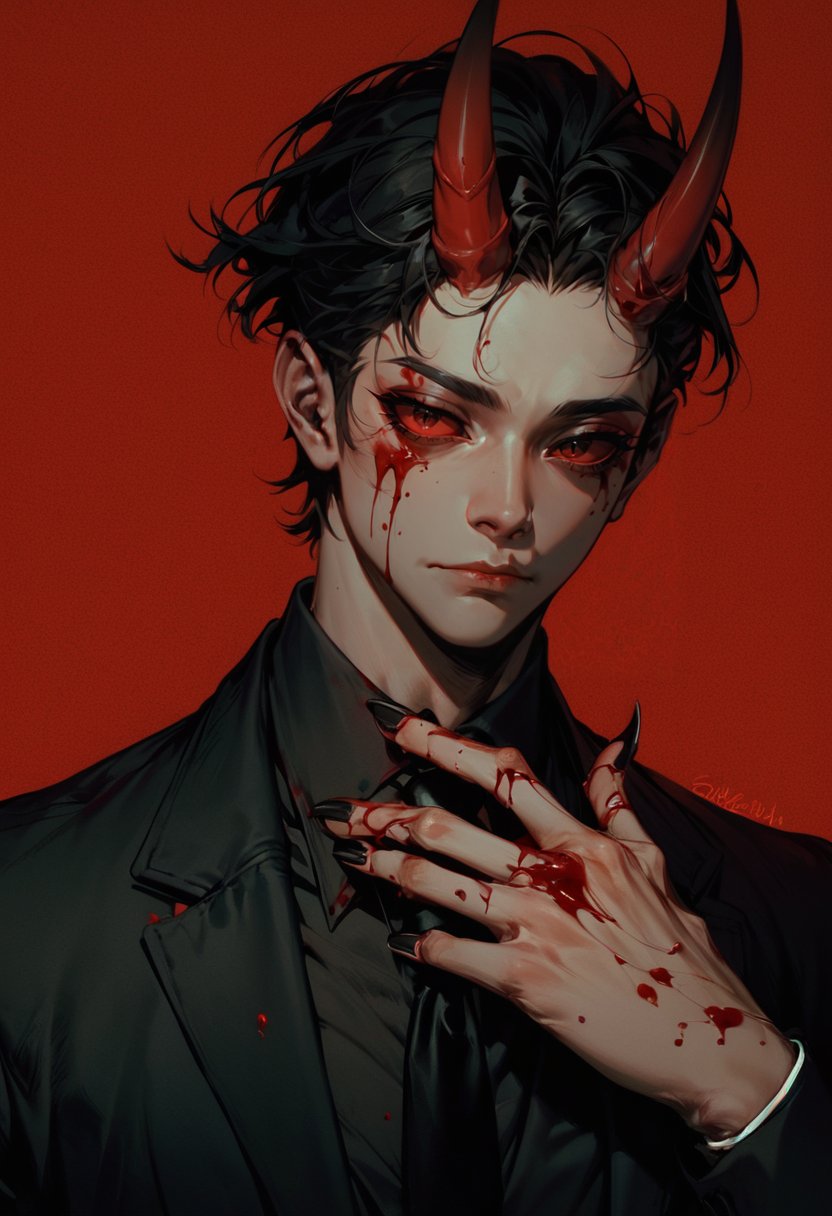 score_9,score_8_up,score_7_up, zPDXL, solo, short hair, simple background, eyelashes, shirt, black hair, red eyes, 1boy, closed mouth, male focus, collared shirt, black claws, black fingers, blood, black suit, black necktie, red background, colored sclera, oni horns, blood on face, black sclera, red theme, blood on hands, red sclera<lora:GN_v1.4:0.9>