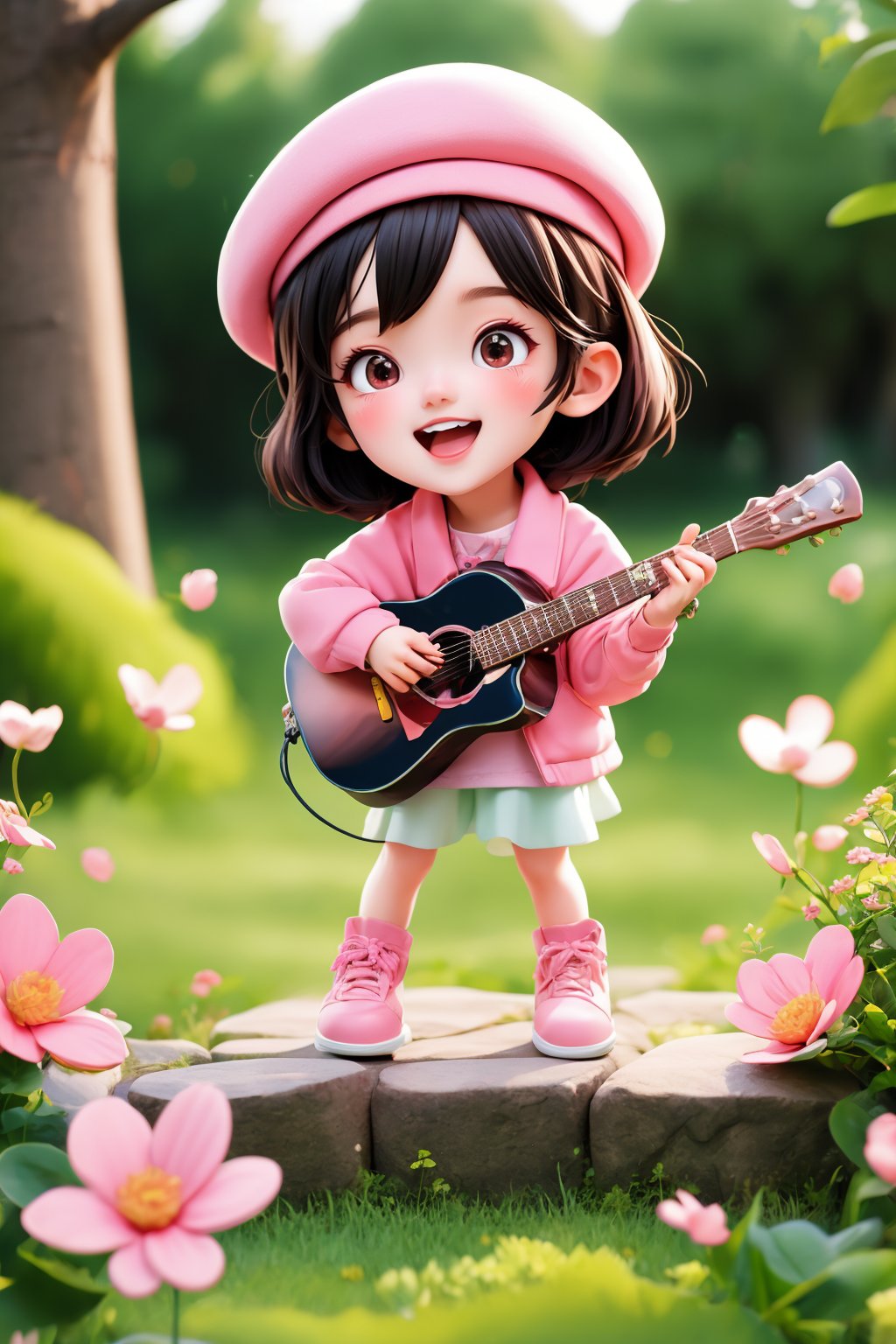 1girl, full body, cute, smile, open mouth, flower, outdoors, playingguitar, music, beret, holding guitar, jacket, blush, tree, shirt, short hair, pink headwear, black long hair, blush stickers, long sleeves, pink flower,beautiful detailed face, beautiful detailed eyes,