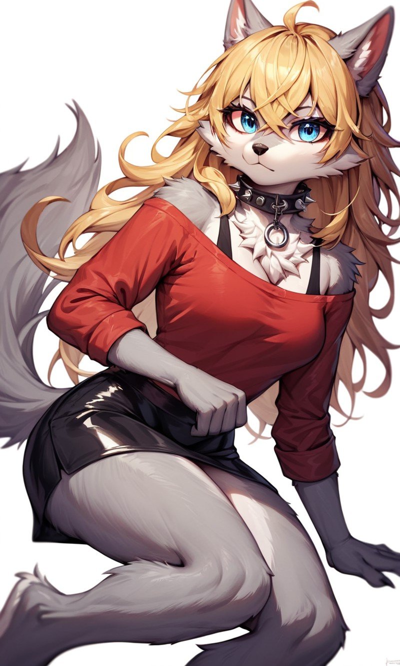 score_9, score_8_up, score_7_up, score_6_up, score_5_up, score_4_up, source_furry,BREAK,detailed face eyes and fur, wolf furry girl,blonde,long hair,looking at viewer,crossed bangs,blue eyes,high detail eyes, (red shirt)1.2,black skirt,(high detail grey fur)1.2,punk collar, fur paws, white background