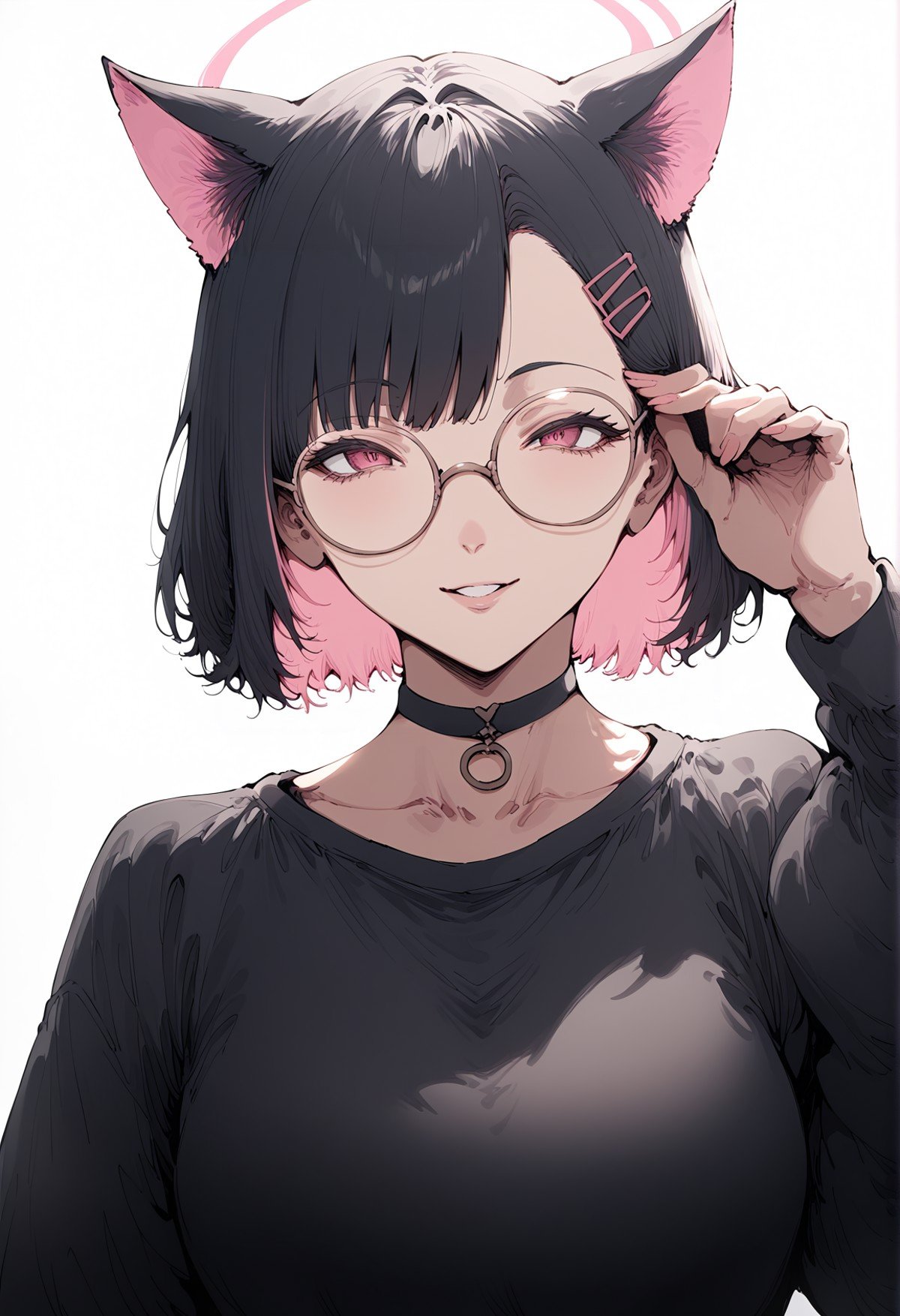 score_9, score_8_up, score_7_up, score_6_up, source_anime, <lora:ALH 0.1v:1>,1girl, solo, animal ears, glasses, colored inner hair, choker, black hair, pink hair, black choker, round eyewear, hair ornament, multicolored hair, halo, short hair, looking at viewer, white background, cat ears, simple background, hairclip, long sleeves, bangs, adjusting eyewear, portrait, pink eyes, two-tone hair, extra ears, red eyes, black shirt, smile, shirt, parted lips, upper body,