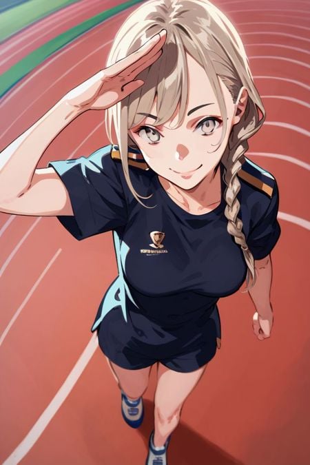 score_9, score_8_up, score_7_up, 1girl, looking at viewer, vulcan salute, squinting eyes smile, bronze hair, braided bangs, textured bangs, grey eyes, medium breasts, light brown compression shirt, dim light, running track, from above <lora:pako_(pakosun)_PonyXL_style_v01:1>