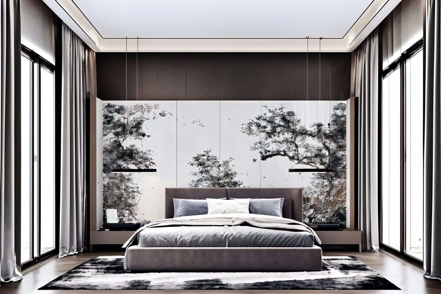 interior design,bed room,Chinese style,no humans,bed,pillow,curtains,scenery,window,