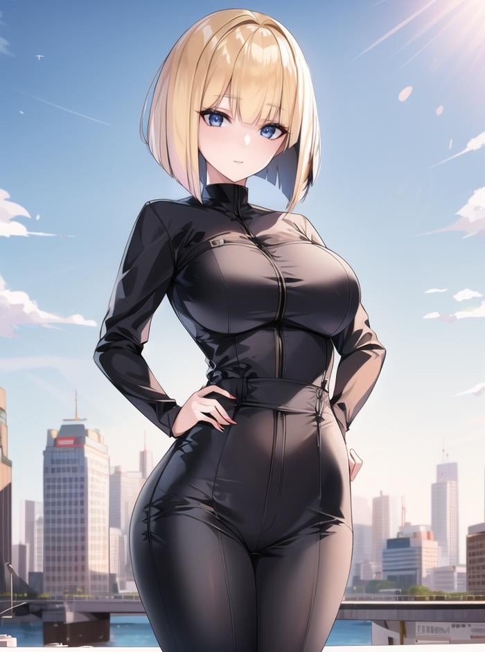 beautiful woman with blonde hair (sliced_bob) <lora:sliced_bob-2.0:0.6>,8k, masterpiece, highly detailed, solo,(City Zero),tracking shot,hands on hips,hot,culotte jumpsuit