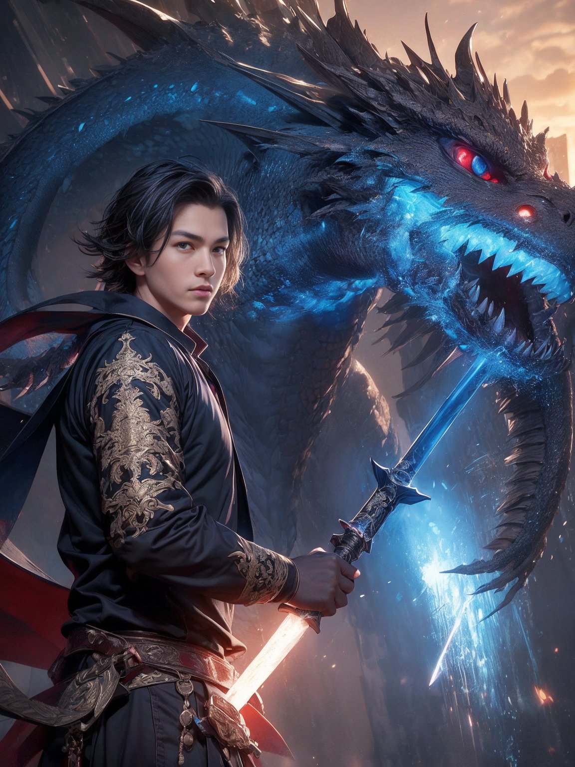 (8k, best quality, masterpiece:1.2),(realistic, photo-realistic:1.37),ultra-detailed,(1boy,handsome, male character),In this illustration,In this illustration,the beautiful boy is wearing technological dragon-shaped combat equipment+ The armor decorated with dragon scales exudes blue light,and he holds a high-tech energy sword in his hand+ In the background is a futuristic city,with high-rise buildings and aircraft flying across the sky+ The handsome boy's eyes are full of confidence,as if he is the guardian of future technology,ready to face unknown challenges,in the background you can add some elements related to the Year of the Dragon,red spring couplets,fireworks,dragon-shaped decorations,((increasing the weight makes things worse:1.5)),sharp focus,inkpainting,((looking at viewer:1.5)),physically-based rendering,male focus,facial hair,tall,zhuang,<lora:wenboy_chen_v62:1>,