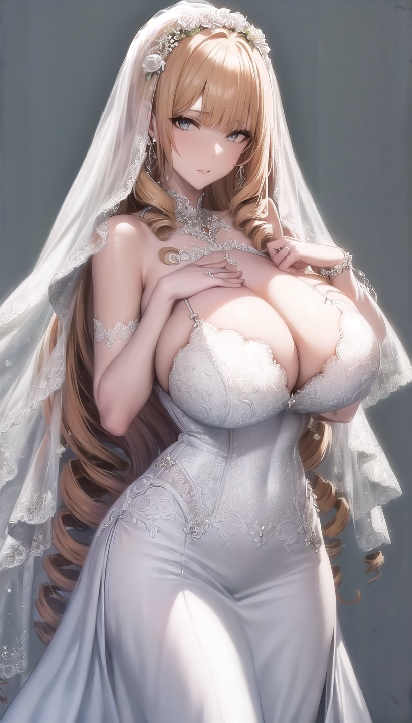 roseoriana-hairstyle,drill hair,(wedding dress:1.28), lady,mature female,cowboy shot,(white background, simple background:1.08),highres,official art,original,masterpiece,best quality,(huge breasts),<lora:rose oriana2:0.8>