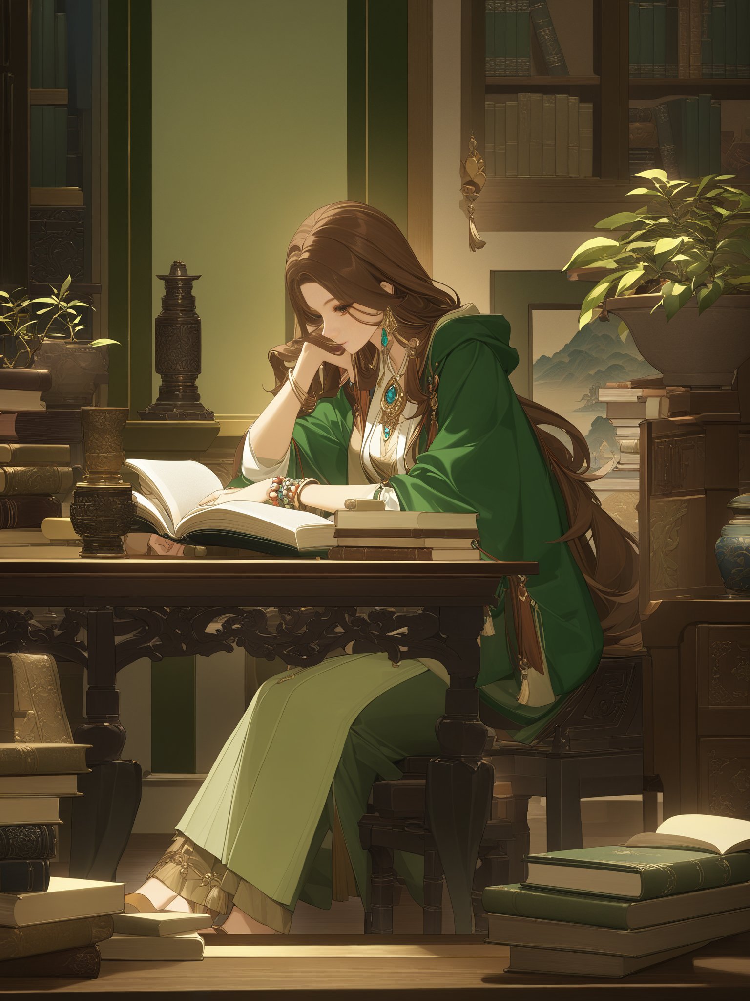 1masterpiece, best quality, <lora:Asyysa JR2-000016:1>scenery,1girl, book, sitting, jewelry, book stack, solo, bracelet, hood, long hair, earrings, table, open book, brown hair, long sleeves, plant, holding, scroll, makeup, tassel, lantern, closed mouth, masterpiece,best quality   ,  good structure,Good composition,good atomy  ,   clear, original,beautiful  ,