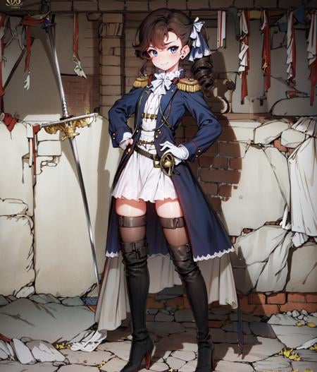 masterpiece, blue eyes, boots, bow, brown footwear, brown hair, brown thighhighs, closed mouth, dress, epaulettes, full body, gloves, hair bow, hand on own hip, high heel boots, high heels, leather, leather boots, looking at viewer, rapier, ringlets, short dress, side ponytail, single glove, sleeves past wrists, smile, solo, standing, sword, thigh boots, thighhighs, unworn gloves, watermark, weapon, white dress, white gloves, zettai ryouiki, outdoors, medieval town  <lora:Pauline :1>